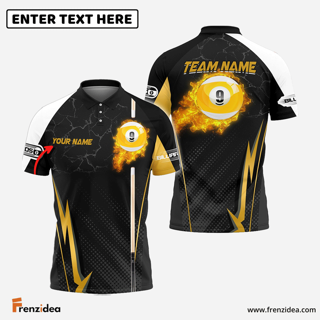 Frenzidea Billiards Ball 9 Fire Cue Personalized Name, Team Name Unisex Shirt ( 4 Colors )
