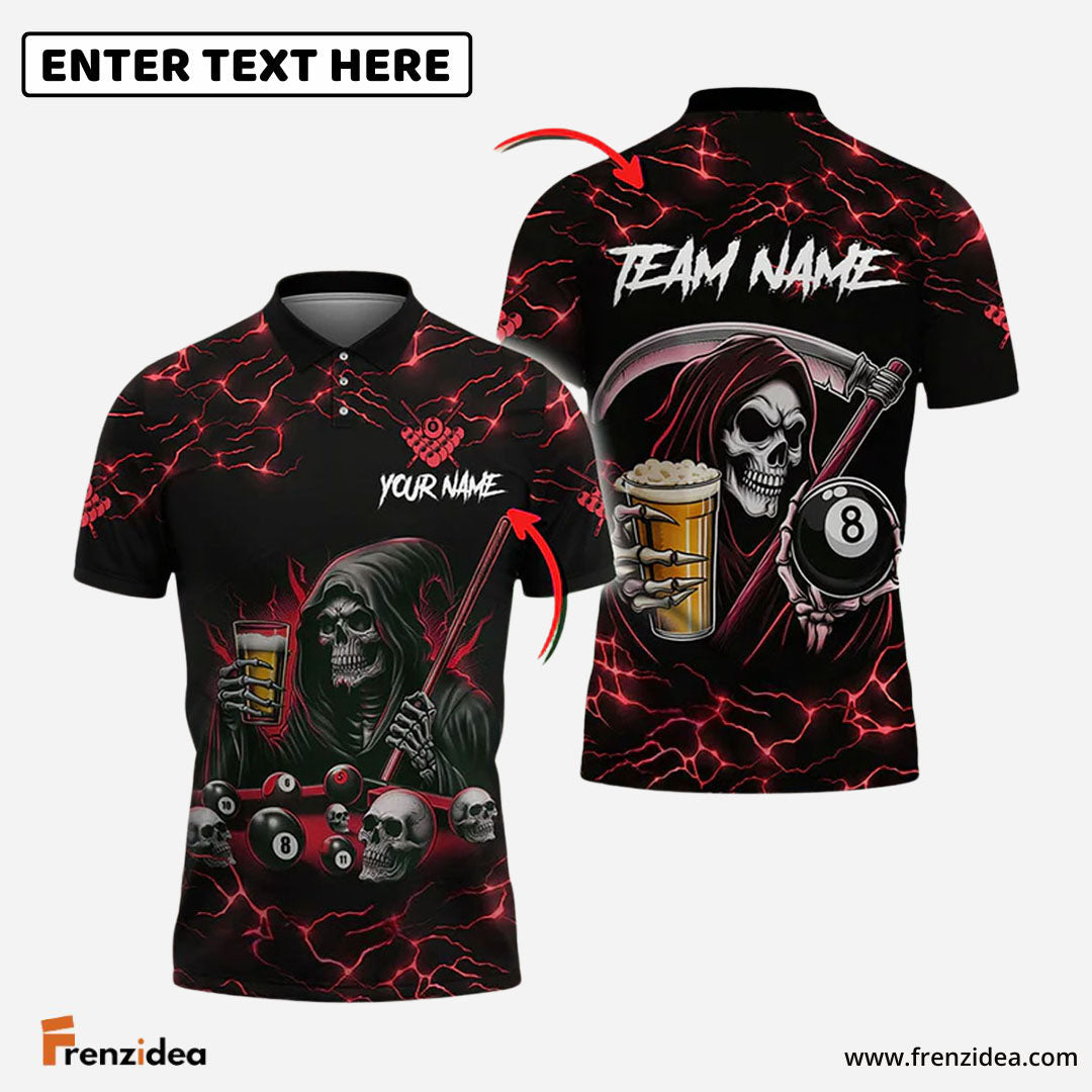 Frenzidea Billiards Ball 8 Death Skeleton & Beer Personalized Name, Team Name Shirt (6 Colors)
