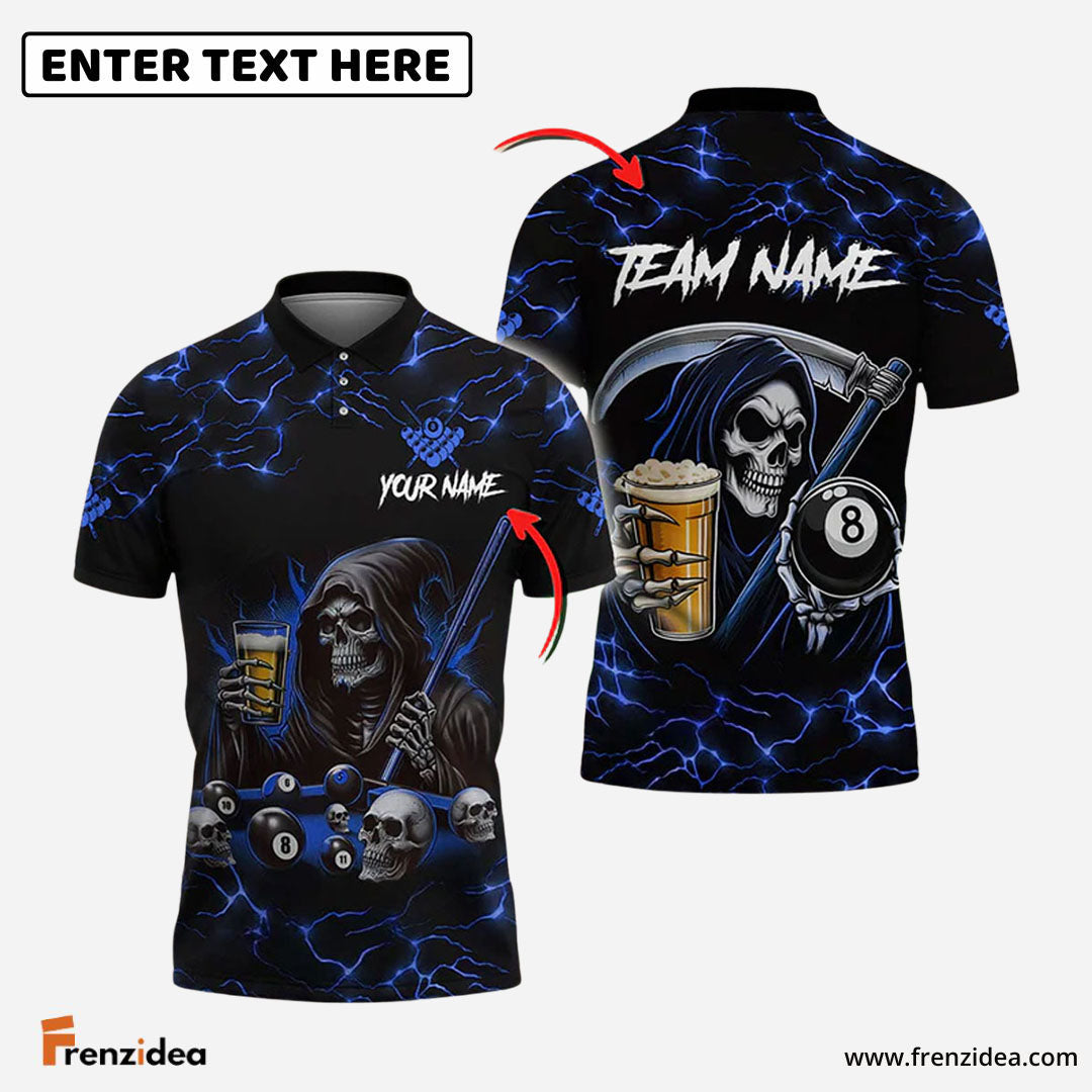 Frenzidea Billiards Ball 8 Death Skeleton & Beer Personalized Name, Team Name Shirt (6 Colors)