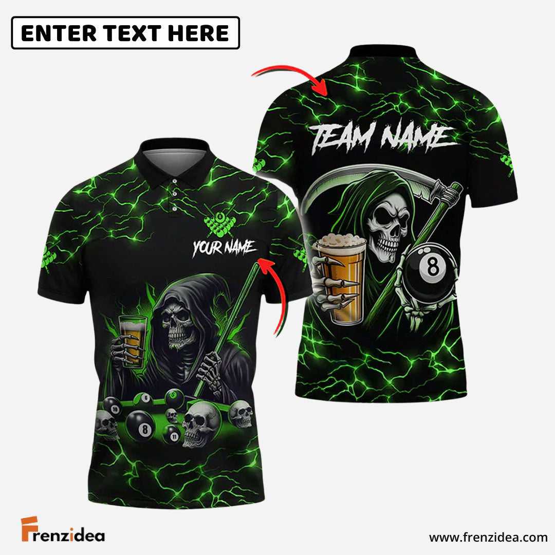Frenzidea Billiards Ball 8 Death Skeleton & Beer Personalized Name, Team Name Shirt (6 Colors)