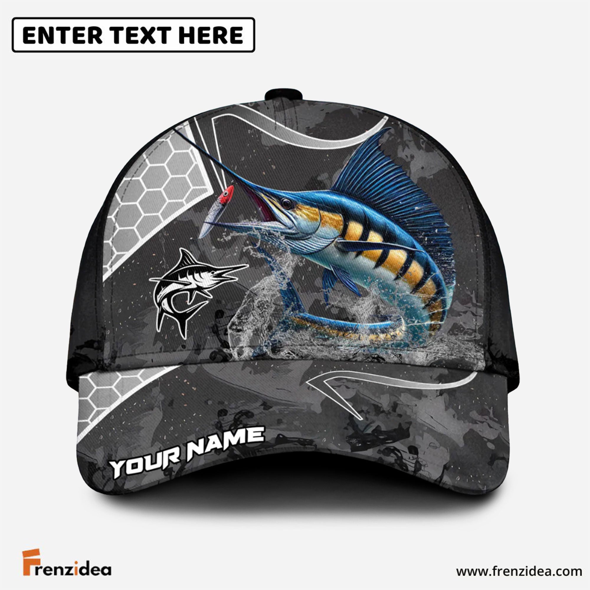 Frenzidea Marlin Fishing Gray Camo Sport Personalized Cap