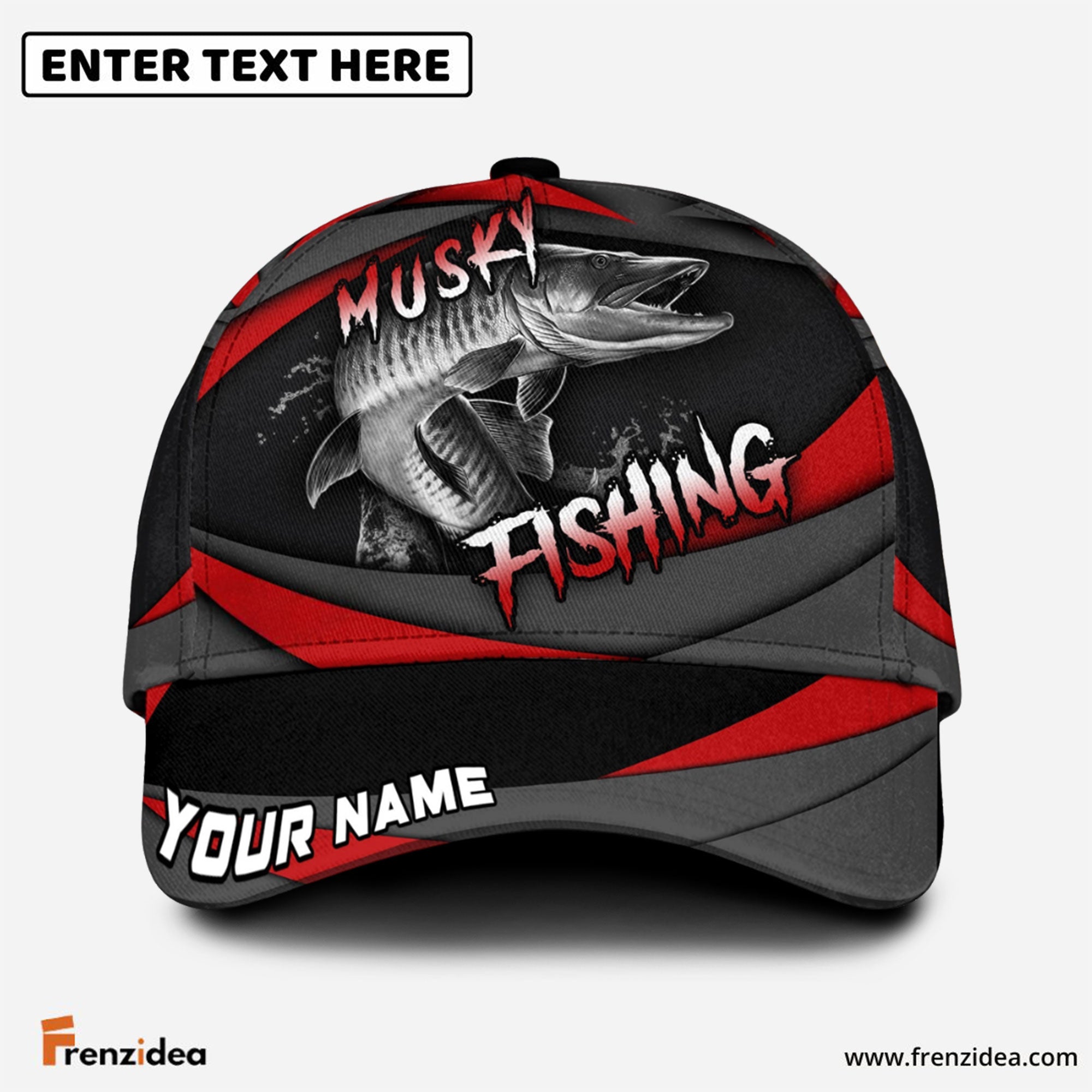 Frenzidea Personalized Musky Fishing Red Gray Spinning Pattern Classic Cap