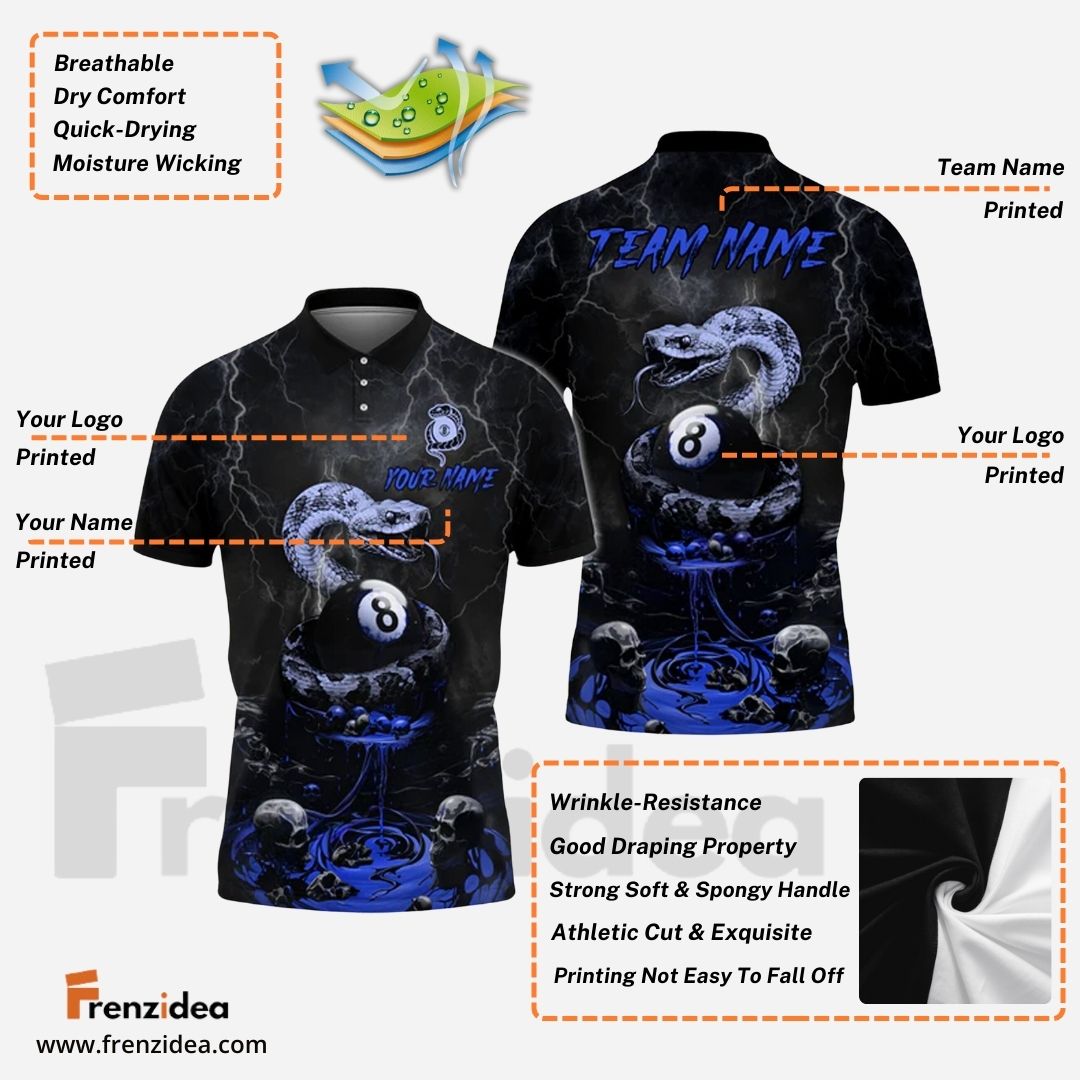 Frenzidea Billiards Ball 8 Bloody Snake Personalized Name, Team Name Unisex Shirt (4 Colors)