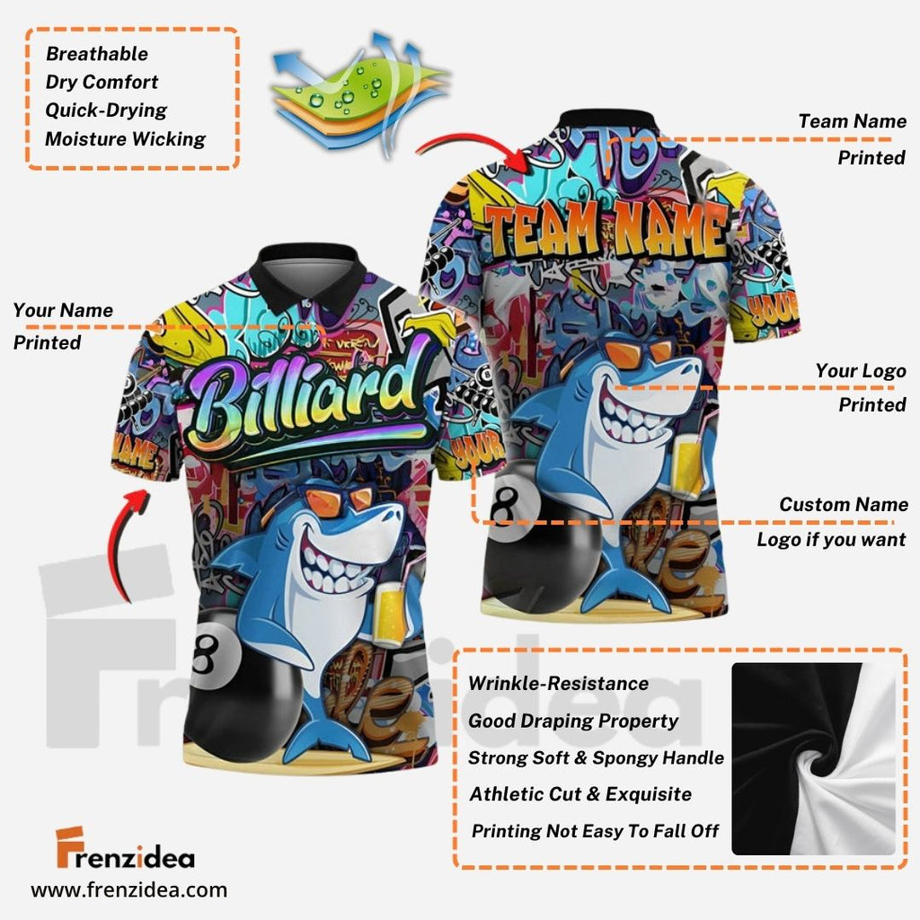 Frenzidea Billiards 8 Style Shark Personalized Name, Team Name Shirt