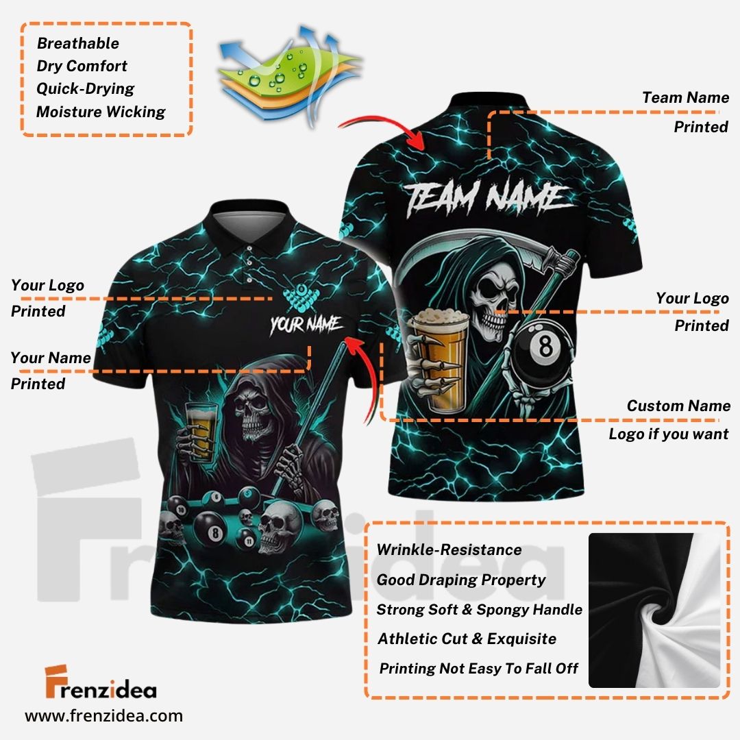 Frenzidea Billiards Ball 8 Death Skeleton & Beer Personalized Name, Team Name Shirt (6 Colors)