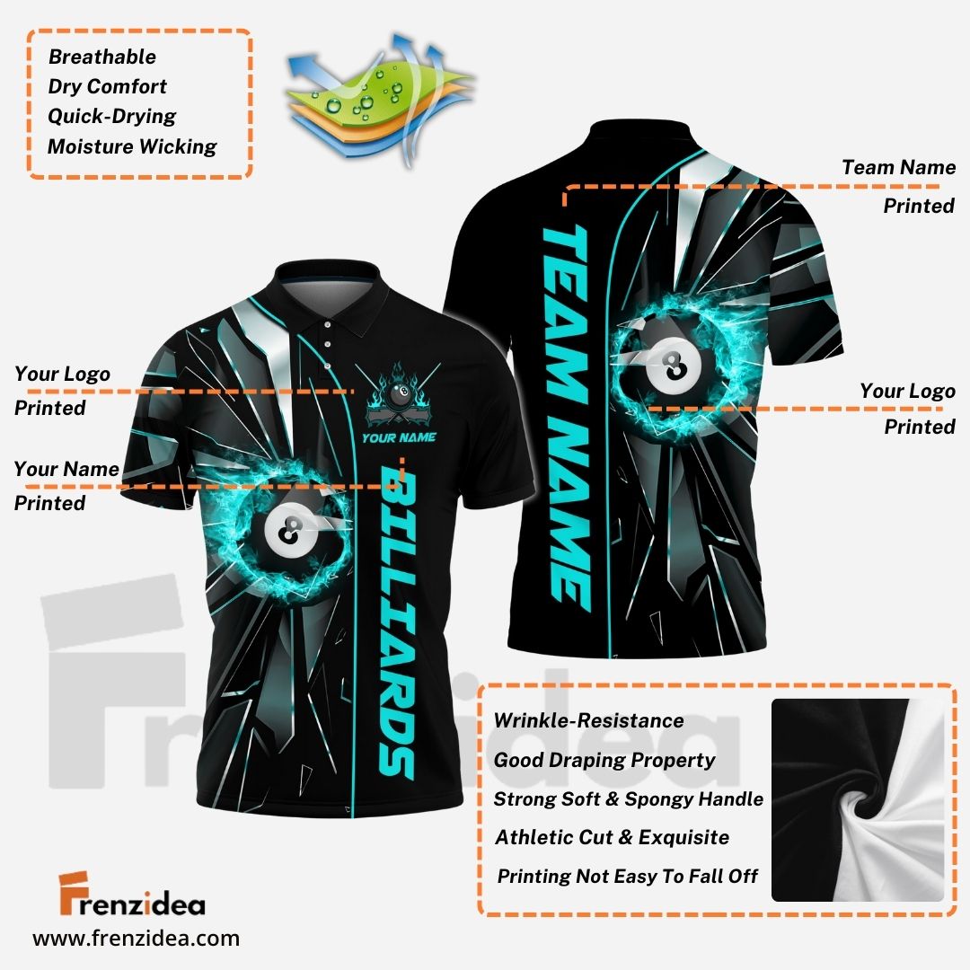 Frenzidea Billiards Ball 8 Fire Broken Glass Personalized Name, Team Name Unisex Shirt ( 4 Colors )