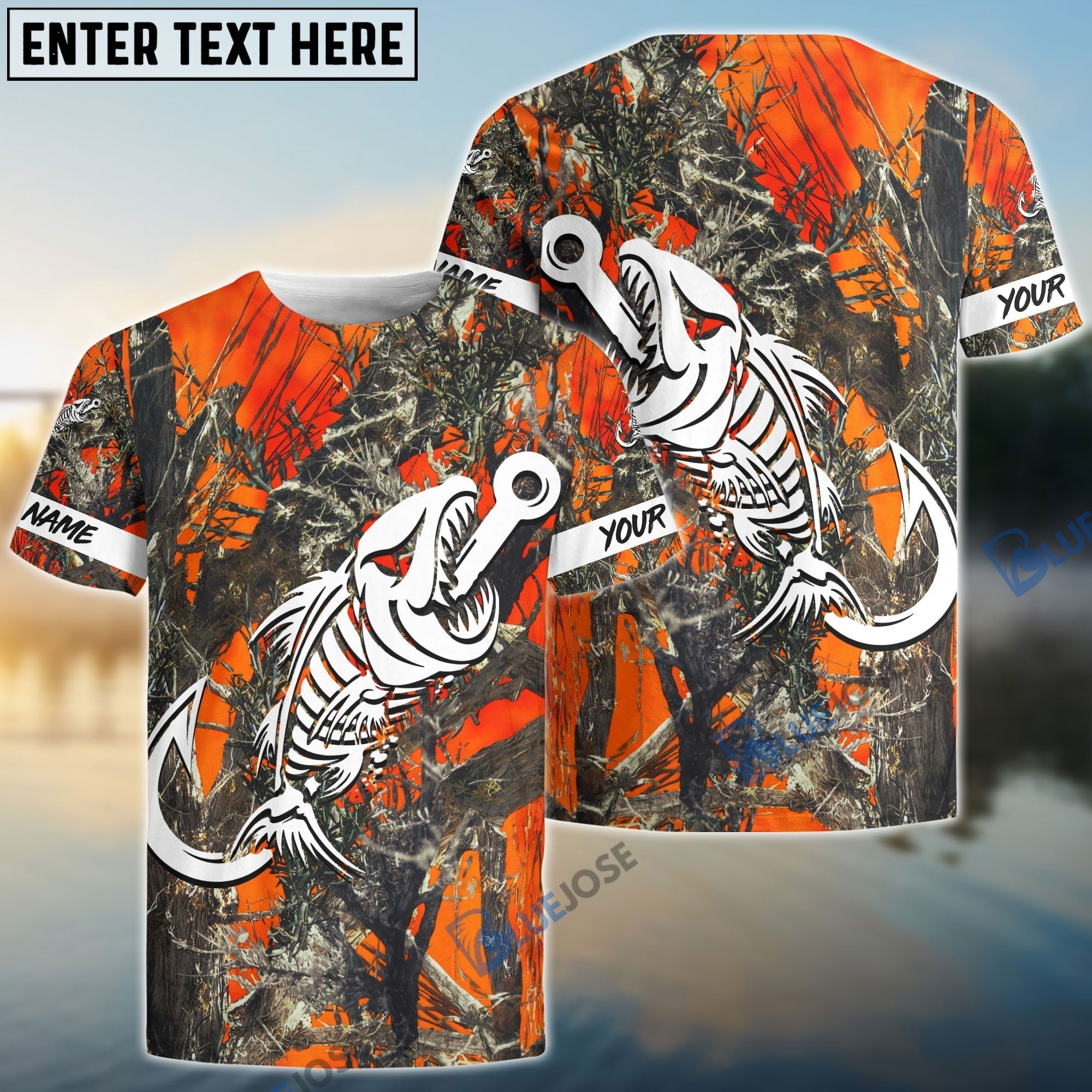 Frenzidea Orange Camo Fish Hook Skull Custom Name Long Sleeve