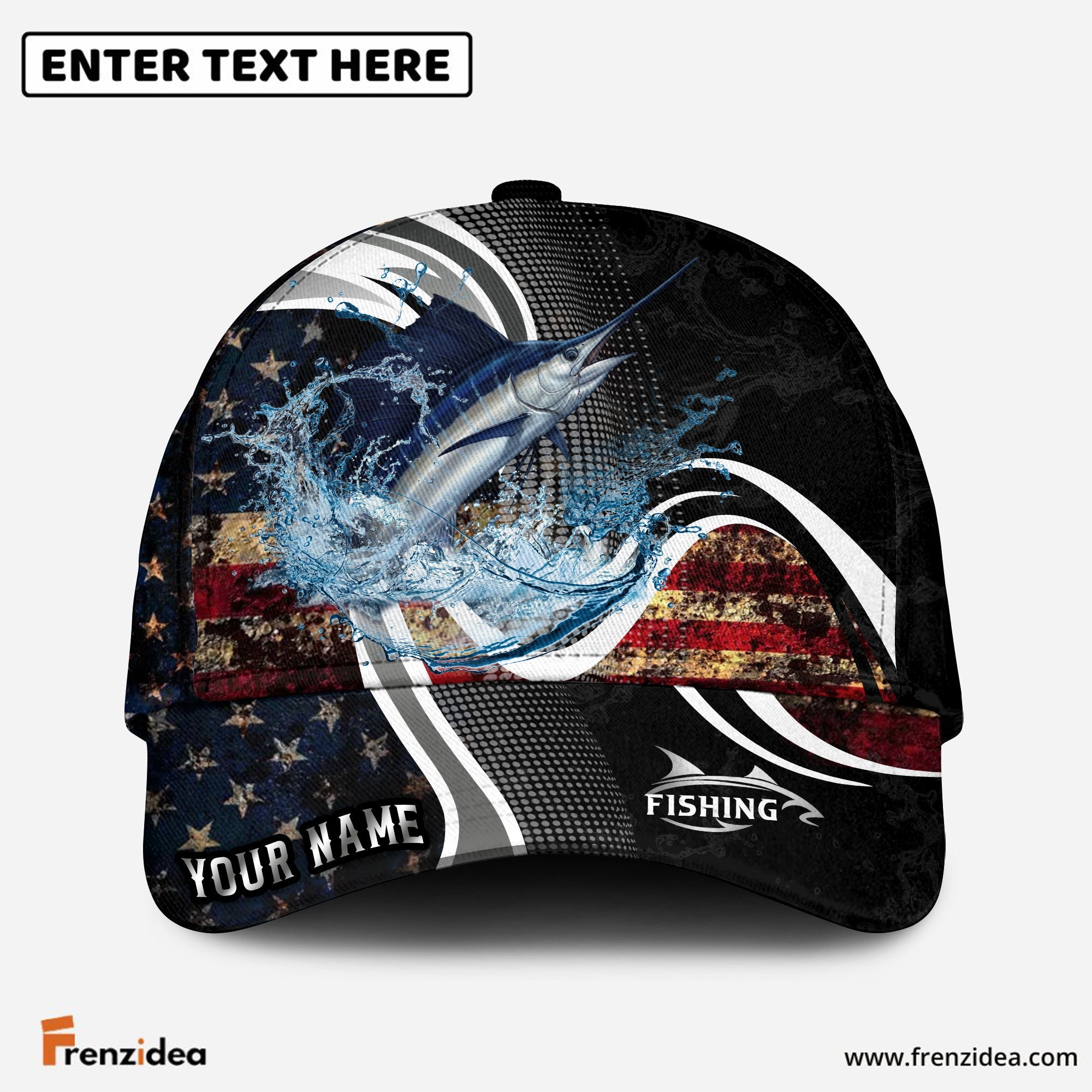 (12 Breeds) Frenzidea Modern Tech Line US Flag Fishing Customized Name 3D Cap