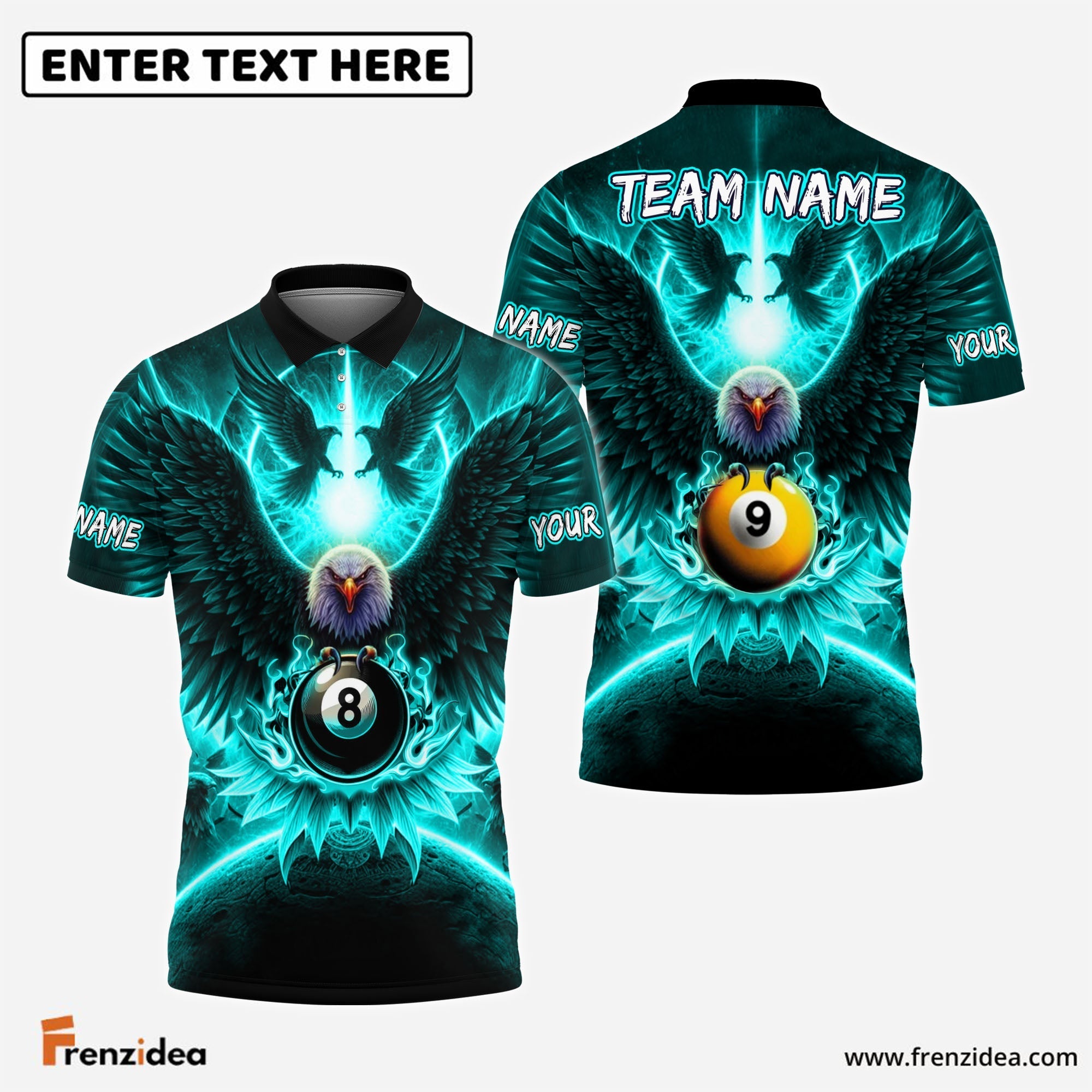Frenzidea Billiards 8ball & 9ball Hawk Pattern Customized Name, Team Name 3D Shirts (4 Colors)