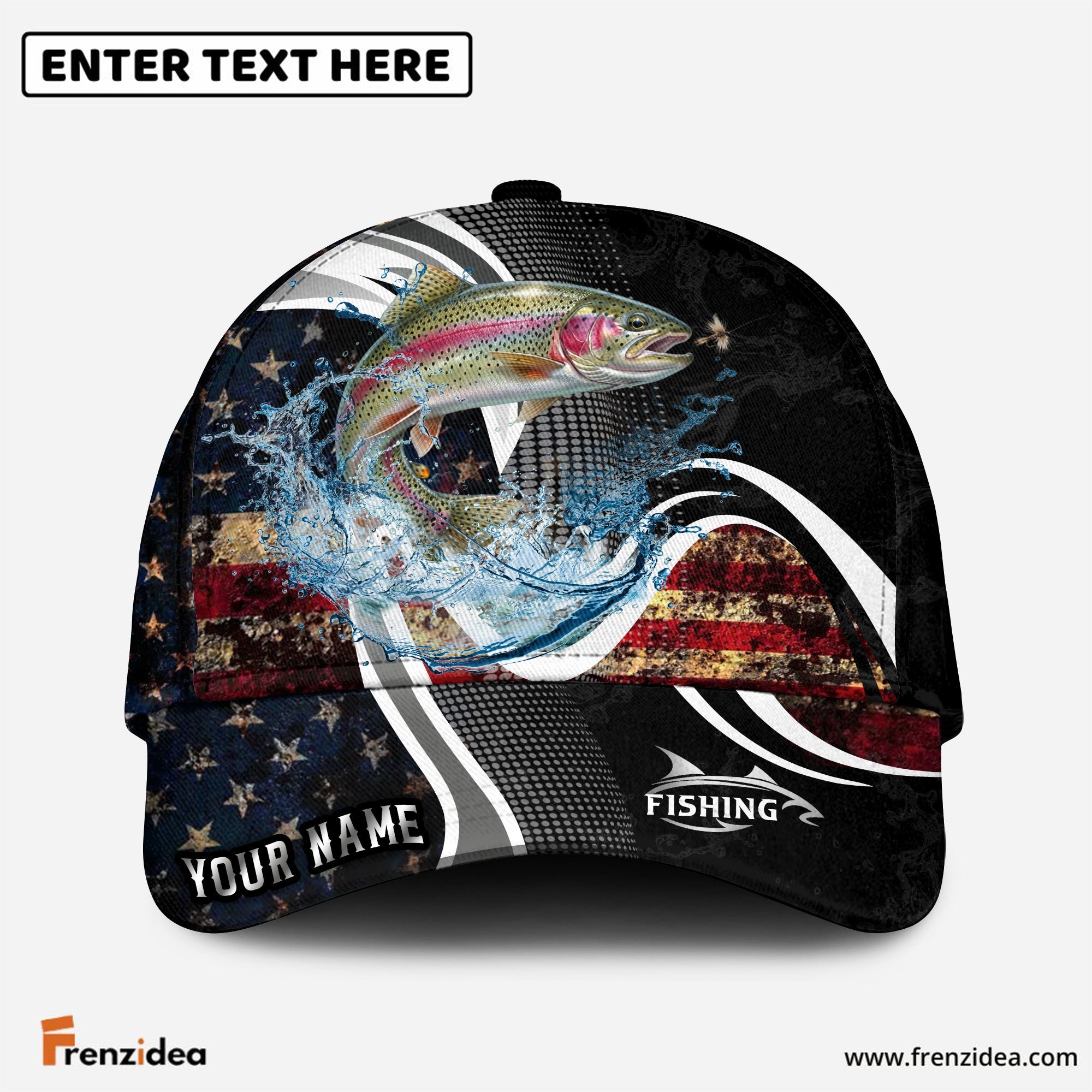 (12 Breeds) Frenzidea Modern Tech Line US Flag Fishing Customized Name 3D Cap