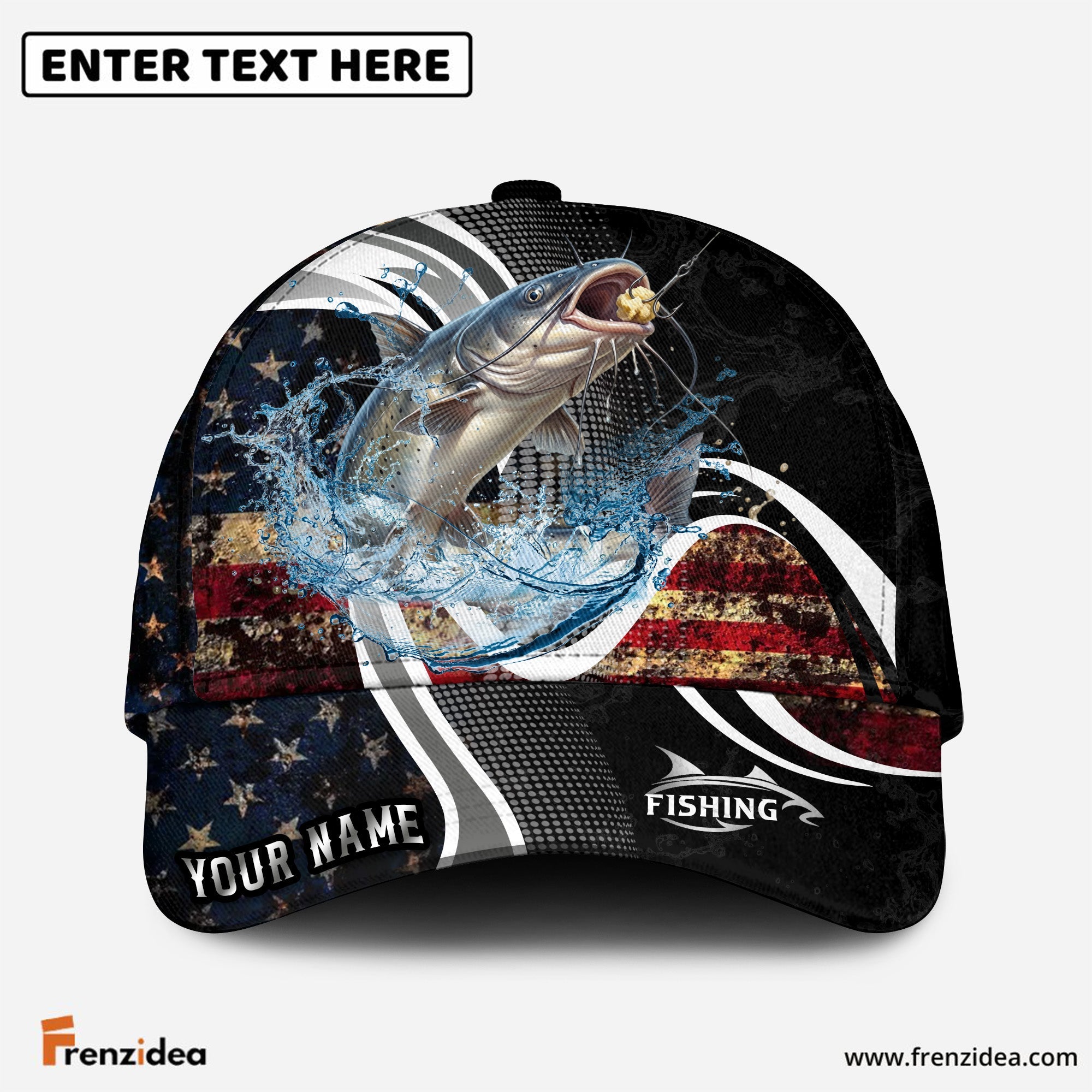 (12 Breeds) Frenzidea Modern Tech Line US Flag Fishing Customized Name 3D Cap
