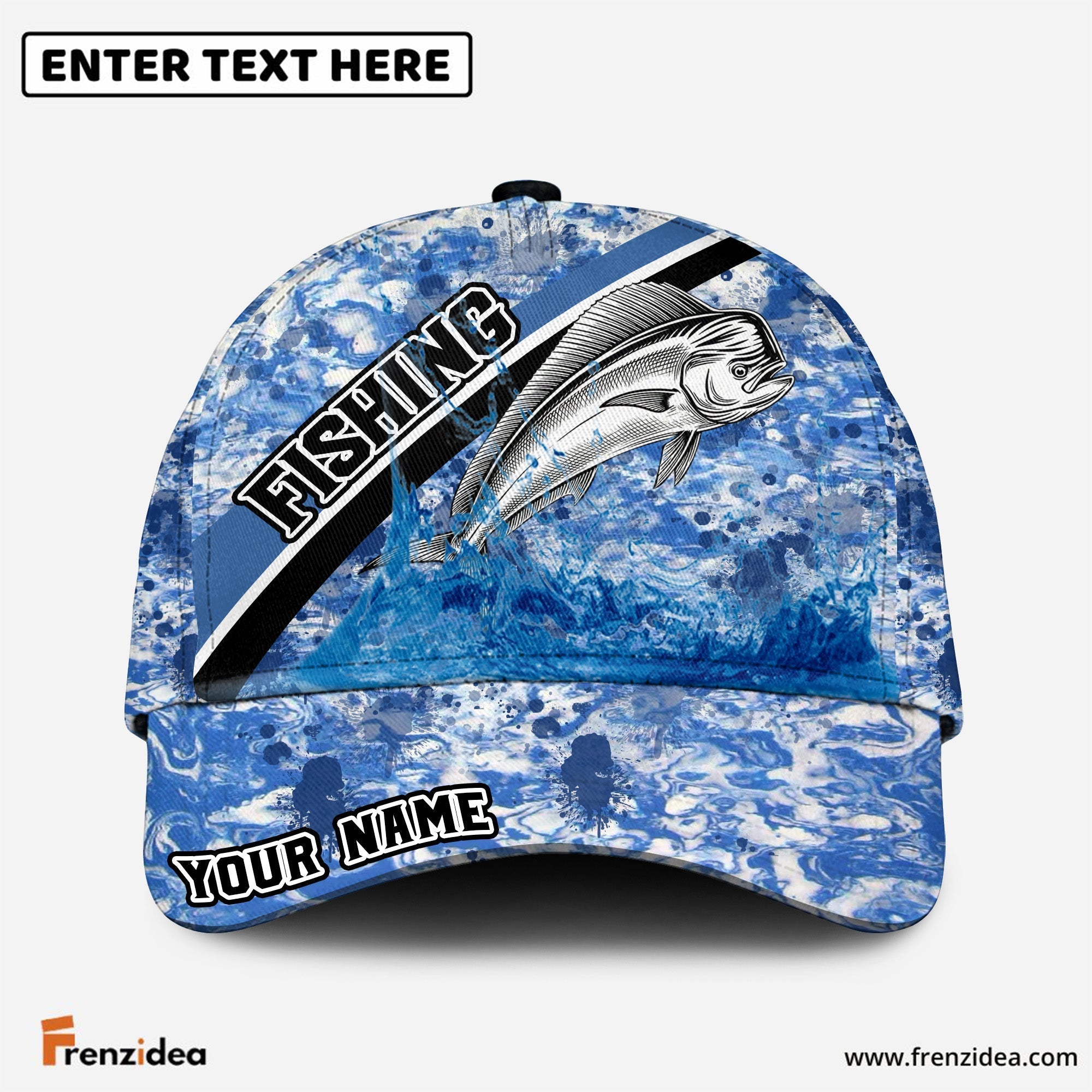 (10 Breeds) Frenzidea Blue Ocean Marble Fishing Customized Name 3D Cap