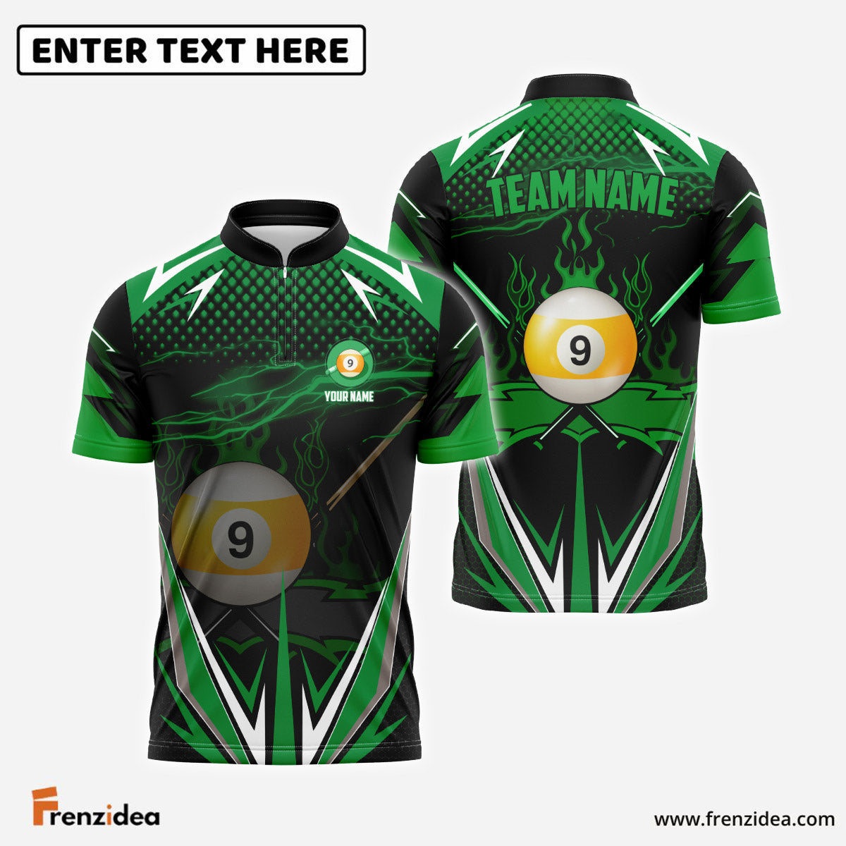 Frenzidea 9 Ball Green Fire Personalized Name, Team Name Unisex Shirt