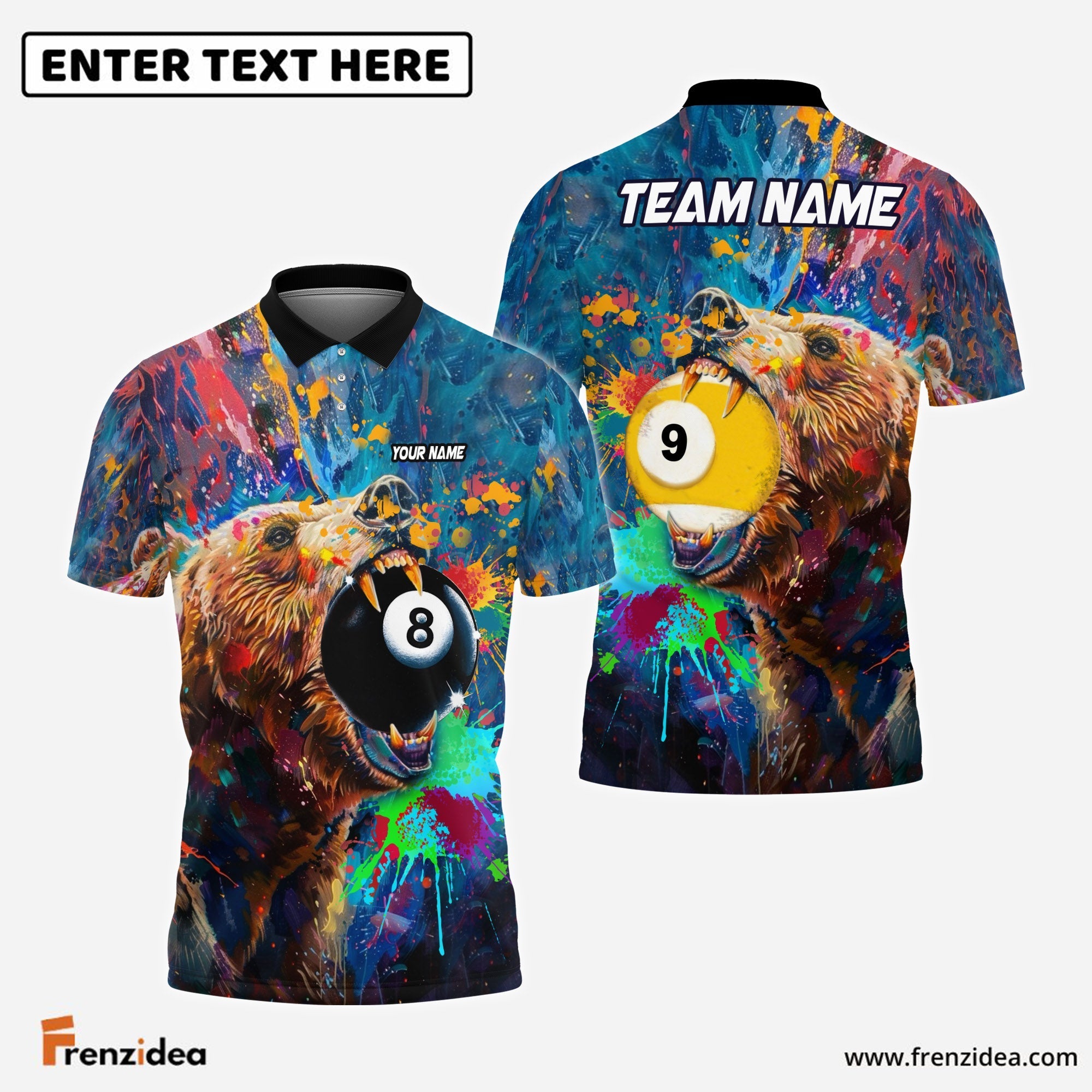 Frenzidea Billiards Ball 8 & 9 Pool Bear Pattern Personalized Name 3D Shirt
