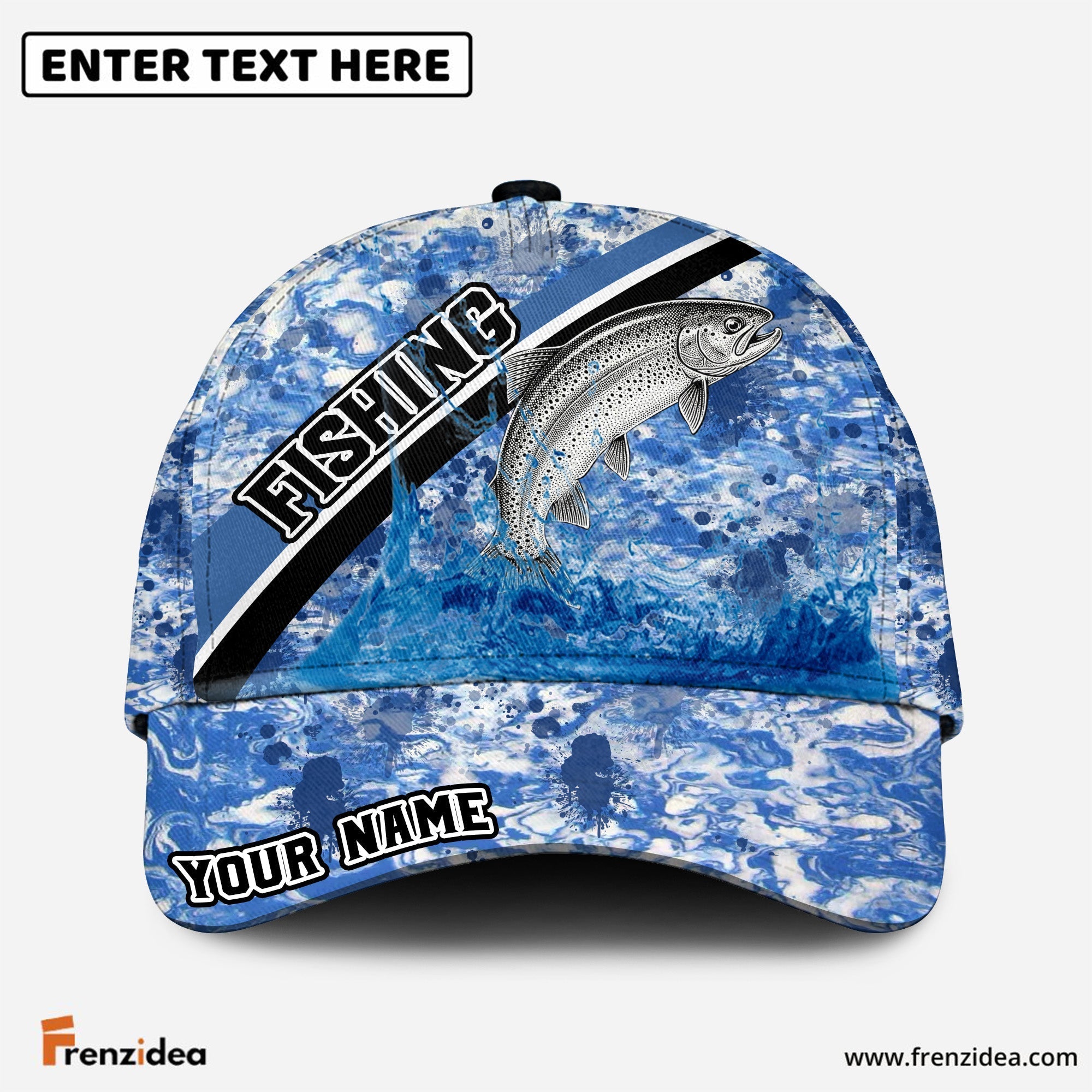 (10 Breeds) Frenzidea Blue Ocean Marble Fishing Customized Name 3D Cap