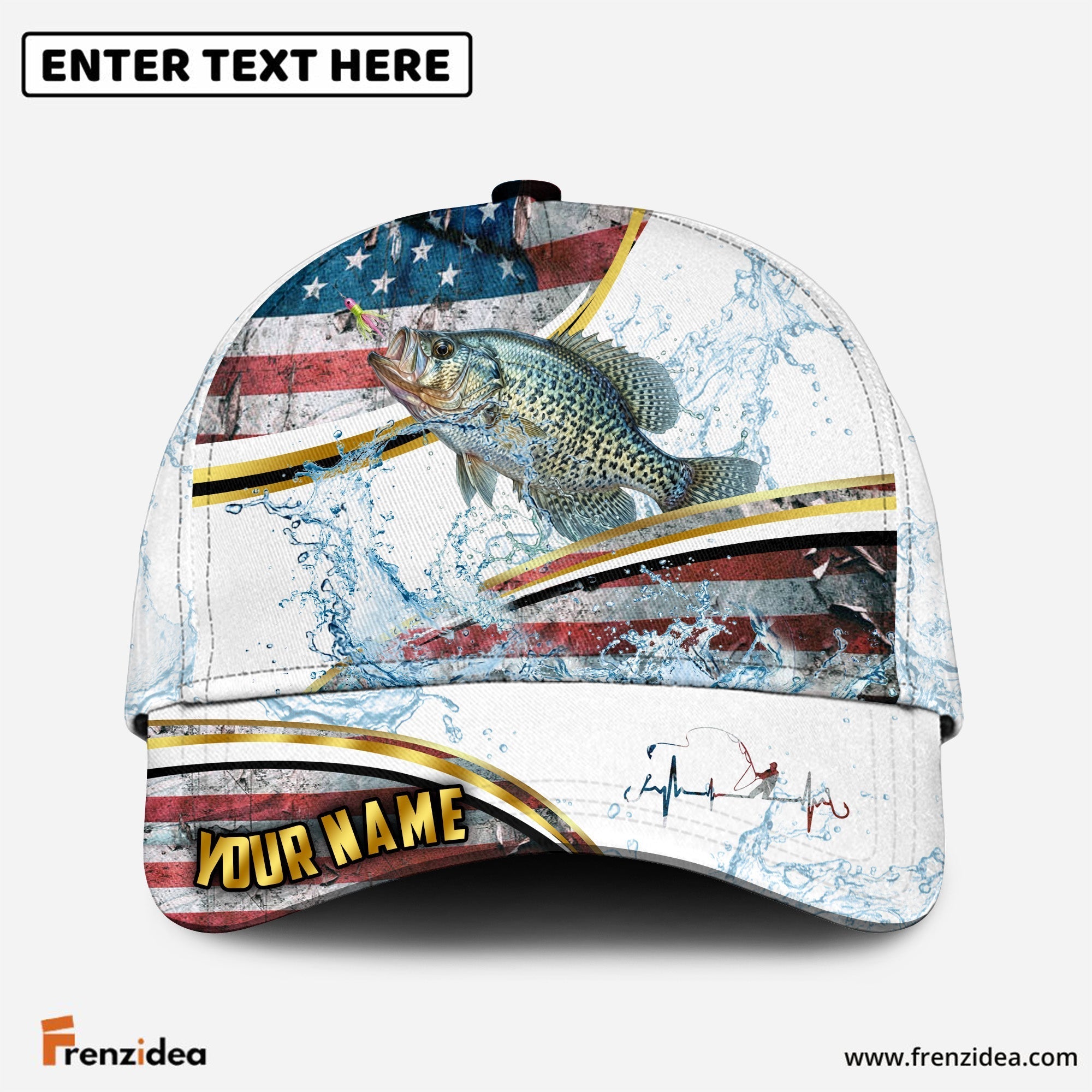 (12 Breeds) Frenzidea Fishing Heartbeat – Gold Line American Flag Customized Name 3D Cap