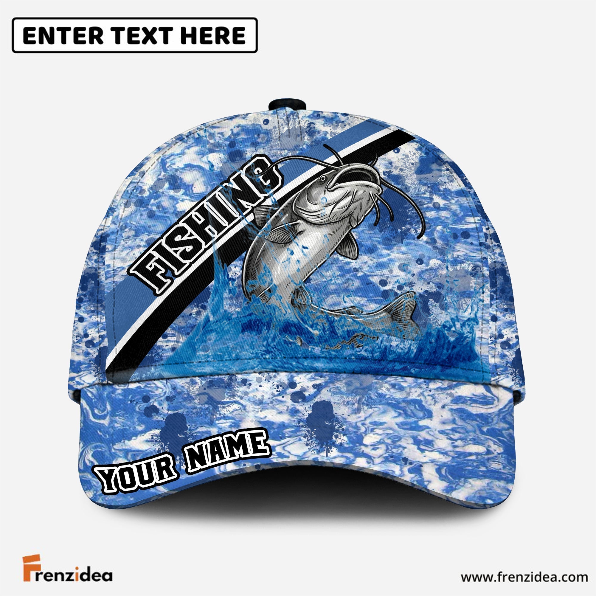 (10 Breeds) Frenzidea Blue Ocean Marble Fishing Customized Name 3D Cap