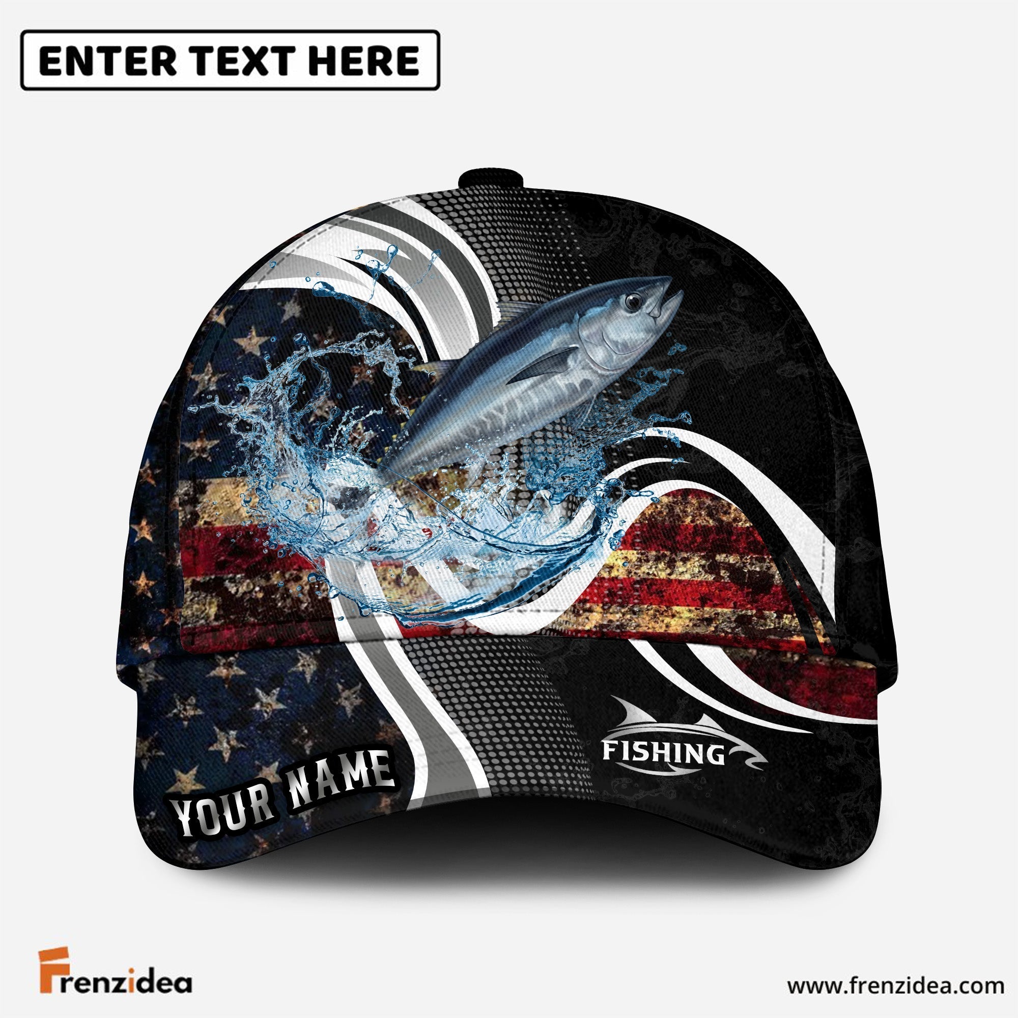 (12 Breeds) Frenzidea Fishing Dark Vintage American Flag Customized Name 3D Cap