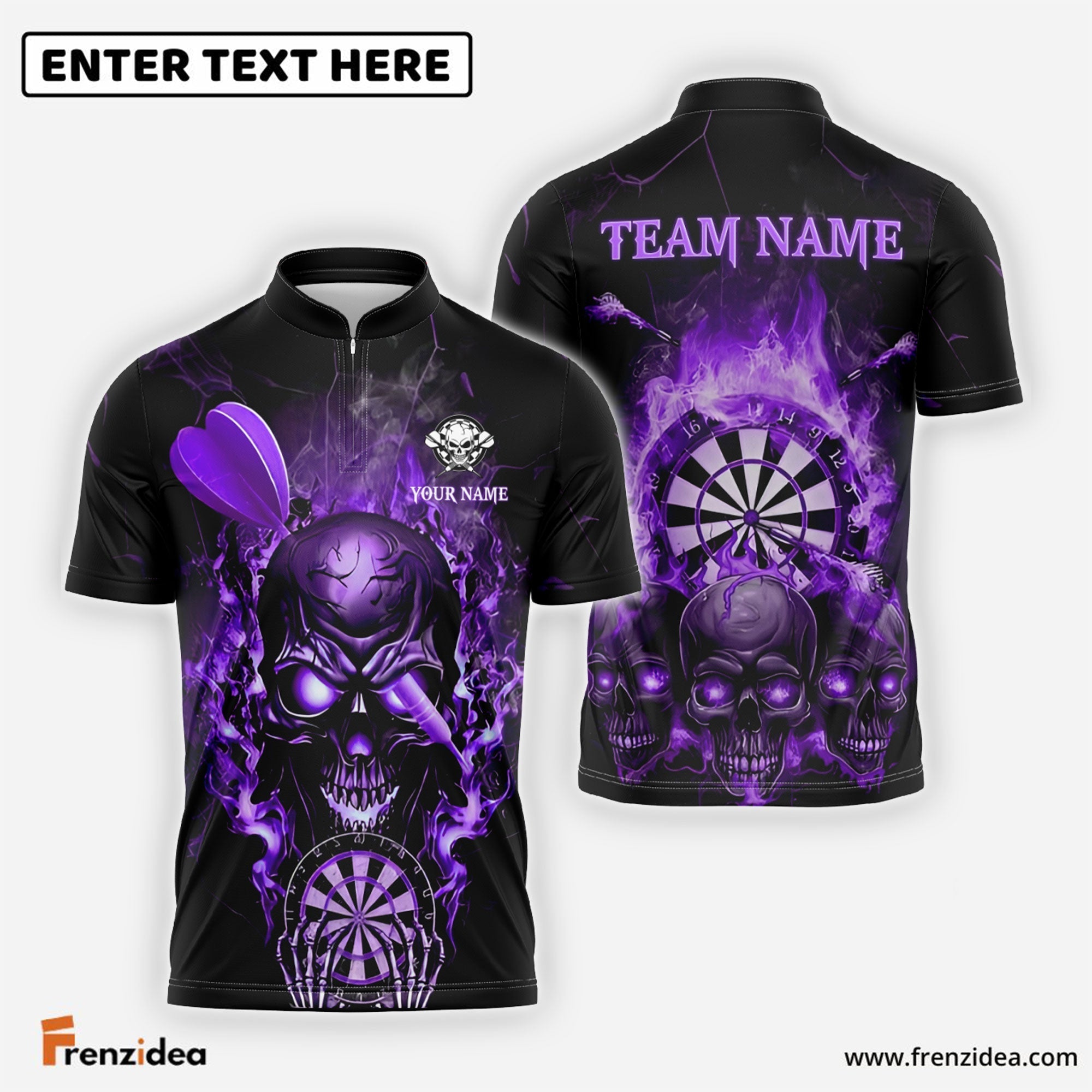 Frenzidea Darts Skull Fire Dartboard Personalized Name, Team Name 3D Shirt (4 Colors)