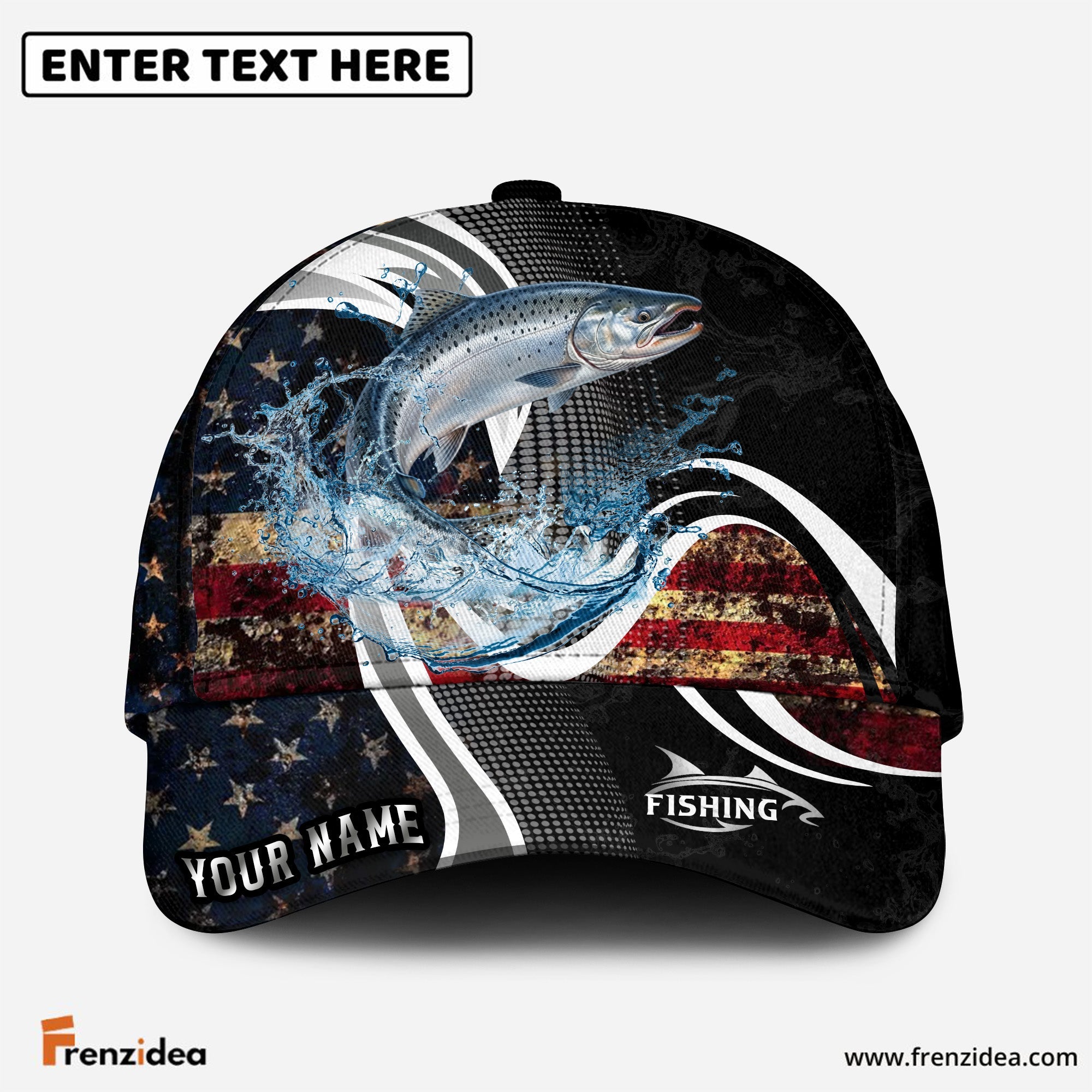 (12 Breeds) Frenzidea Modern Tech Line US Flag Fishing Customized Name 3D Cap