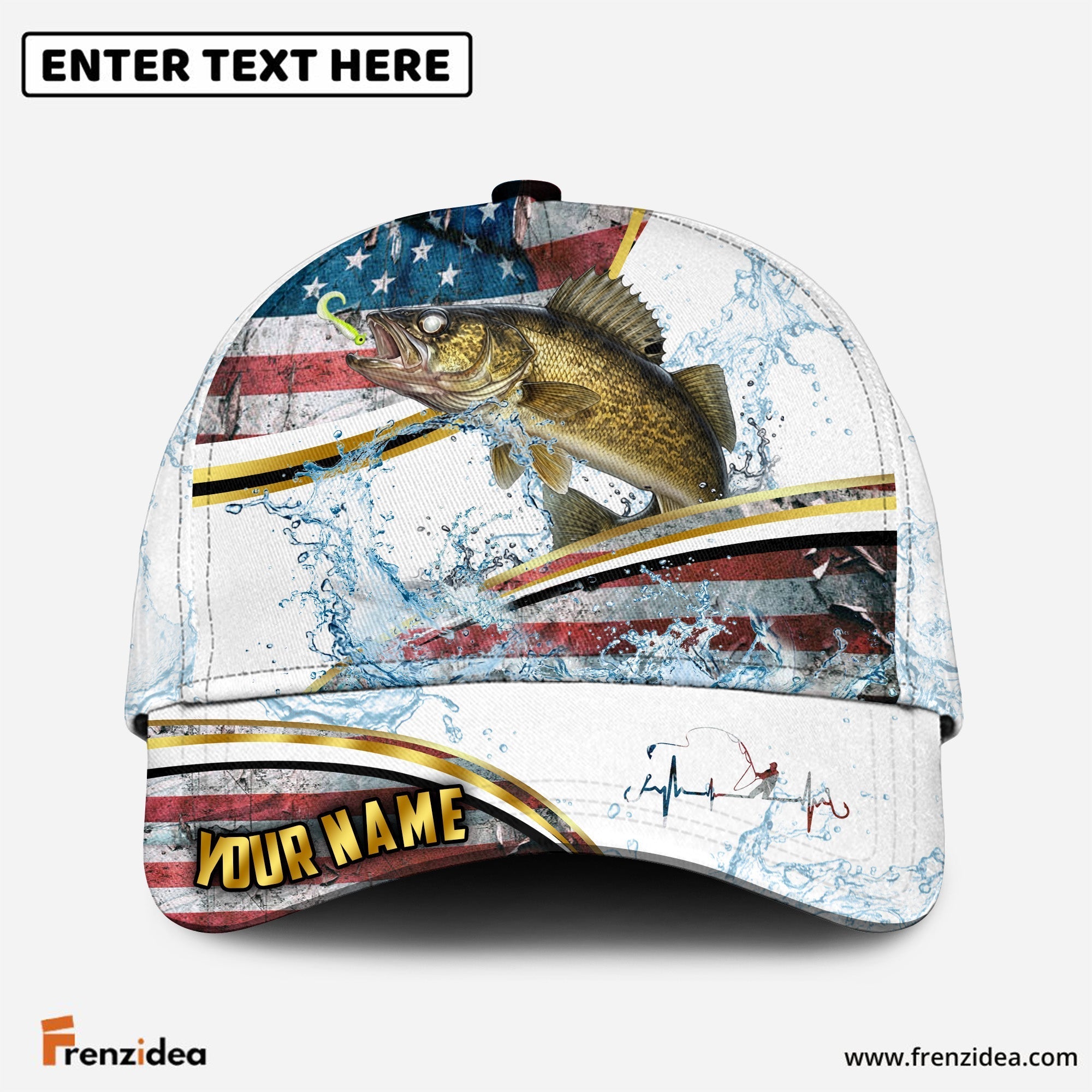 (12 Breeds) Frenzidea Fishing Heartbeat – Gold Line American Flag Customized Name 3D Cap