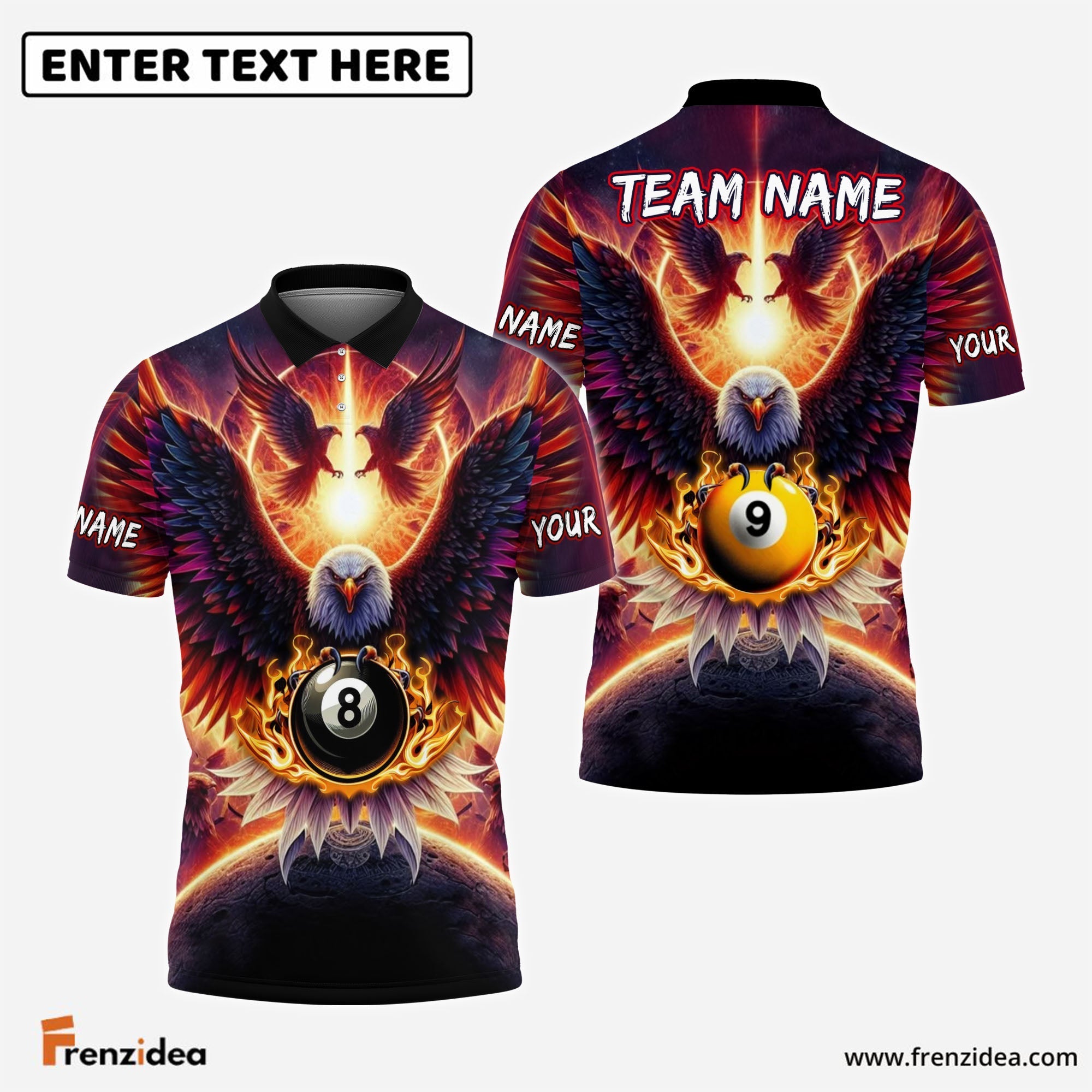 Frenzidea Billiards 8ball & 9ball Hawk Pattern Customized Name, Team Name 3D Shirts (4 Colors)