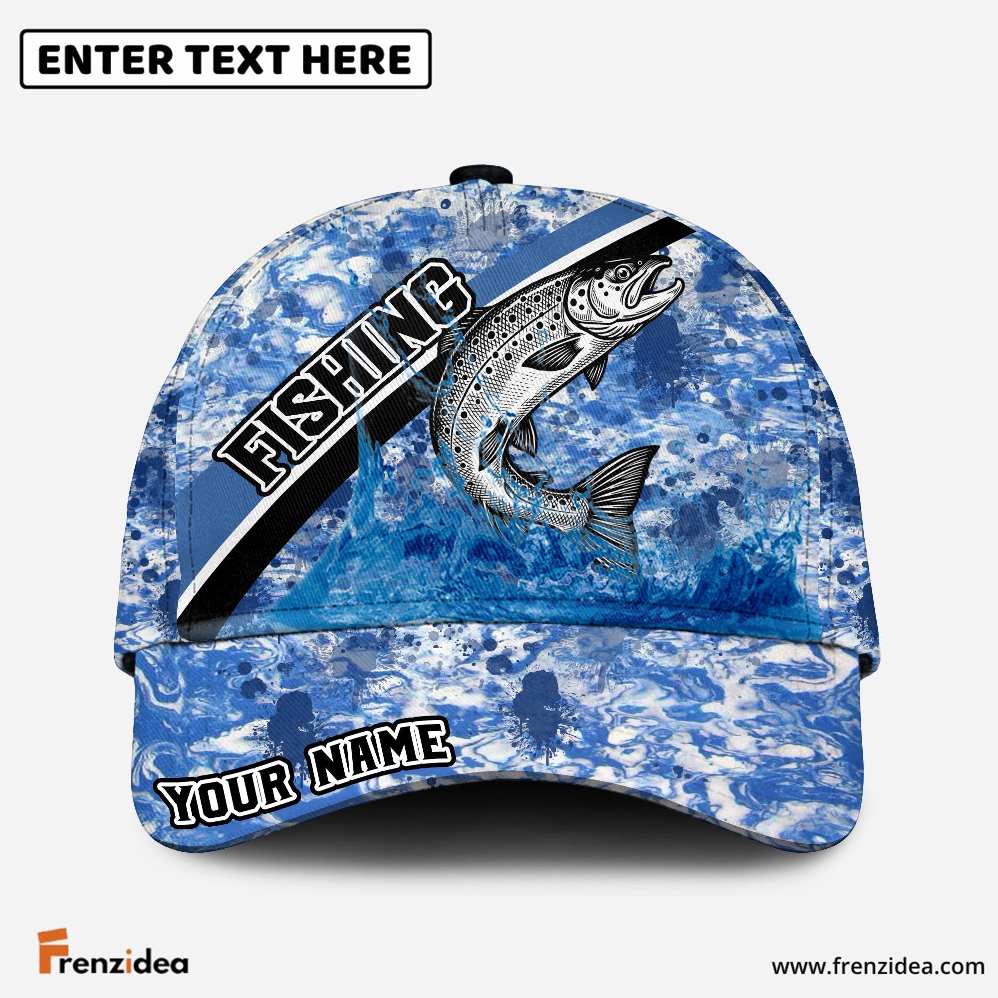 (10 Breeds) Frenzidea Blue Ocean Marble Fishing Customized Name 3D Cap
