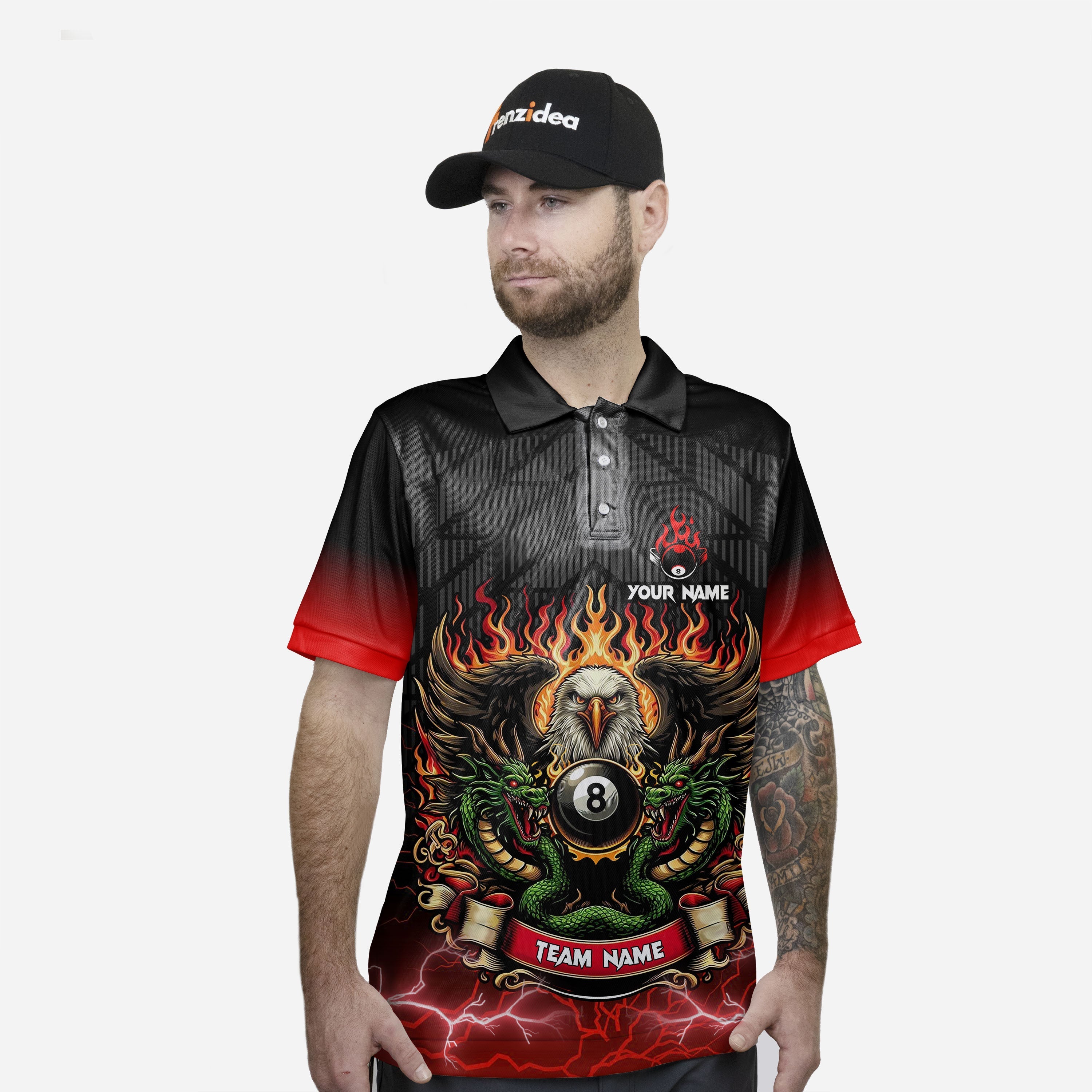 Frenzidea Billiards Ball 8 Eagle Dragon Personalized Name, Team Name Unisex Shirt (4 Colors)
