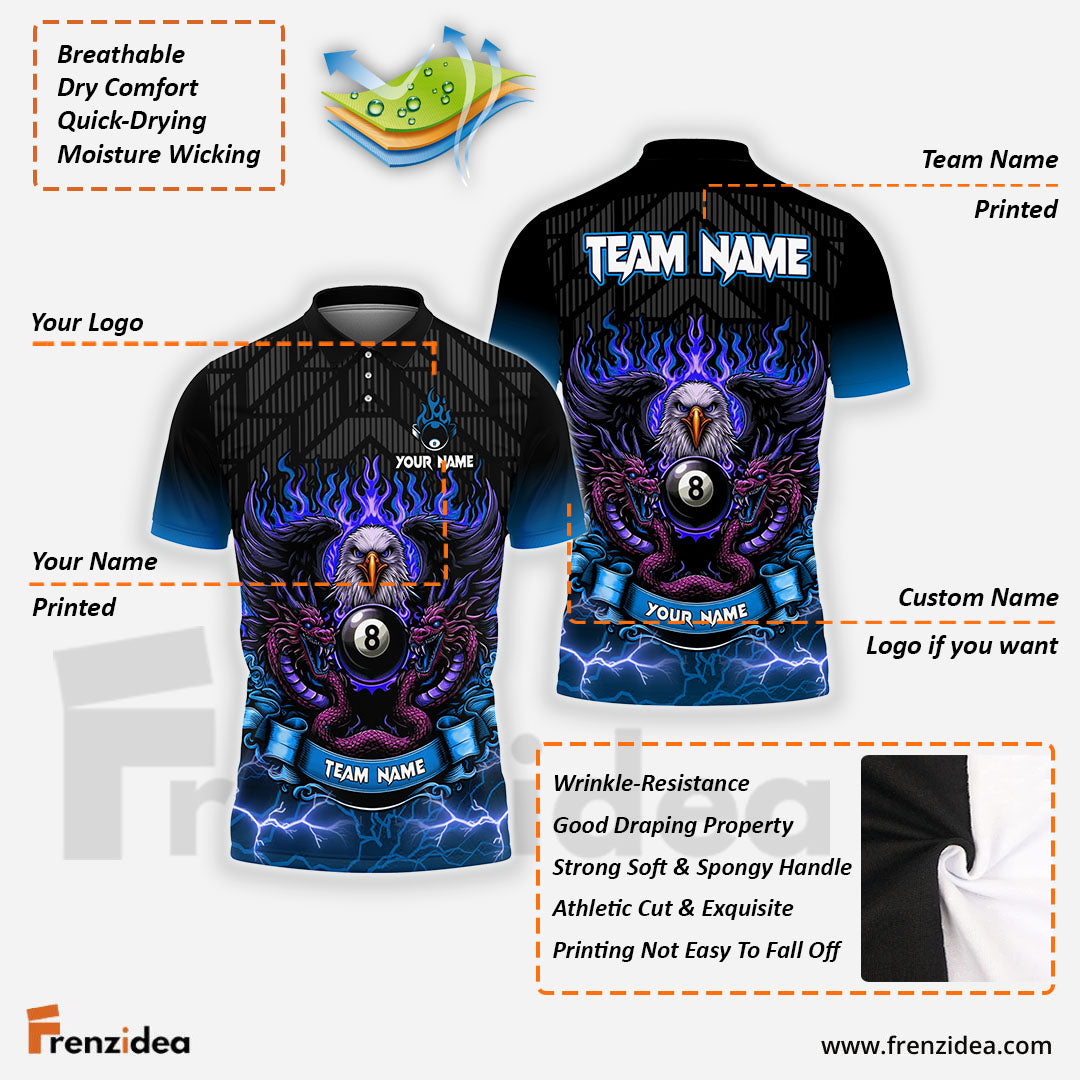 Frenzidea Billiards Ball 8 Eagle Dragon Personalized Name, Team Name Unisex Shirt (4 Colors)