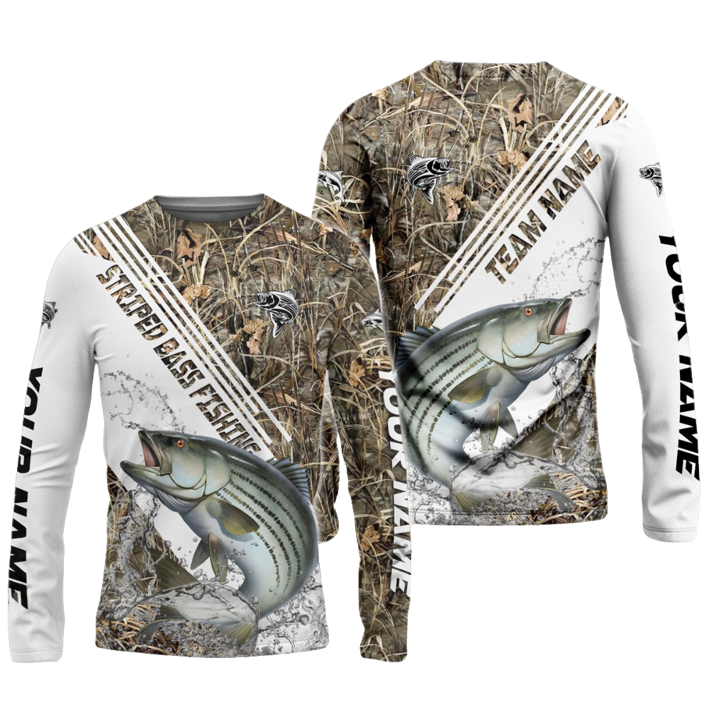 Frenzidea Striped Bass Fishing White And Grass Camo Sport Custom Name & Team Name 3D Shirts