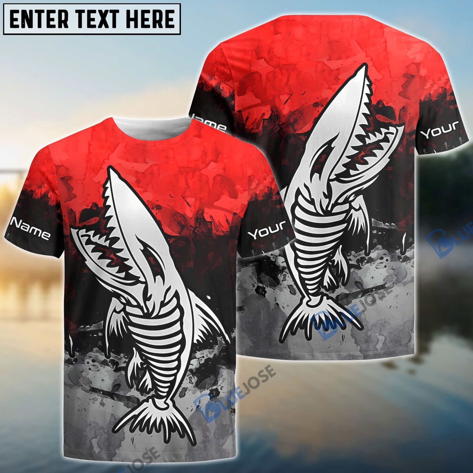 Frenzidea Red Men's Skeleton Fish Custom Name 3D Shirt