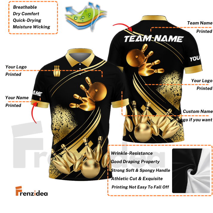 Frenzidea Bowling And Pins Ultimate Golden Customized Name 3D Shirt (4 Colors)