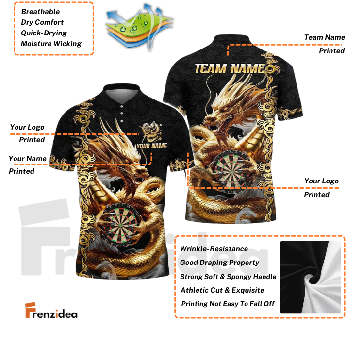 Frenzidea Darts Dragon Golden Attire Personalized Name, Team Name Shirt (4 Colors)