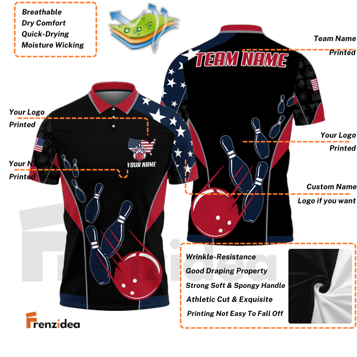 Frenzidea Bowling And Pins American Flag Customized Name, Team Name 3D Shirt (4 Options)