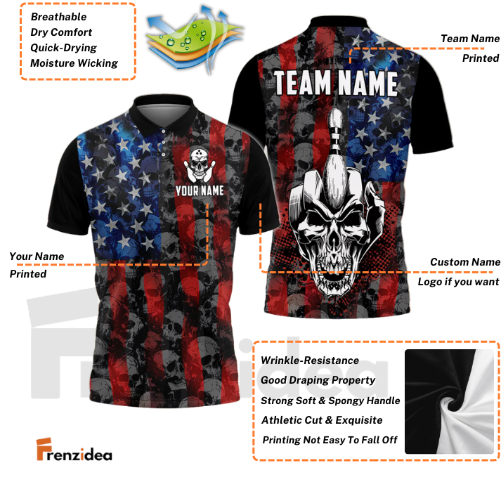 Frenzidea Bowling American Flag Skull Middle Finger Personalized Shirt