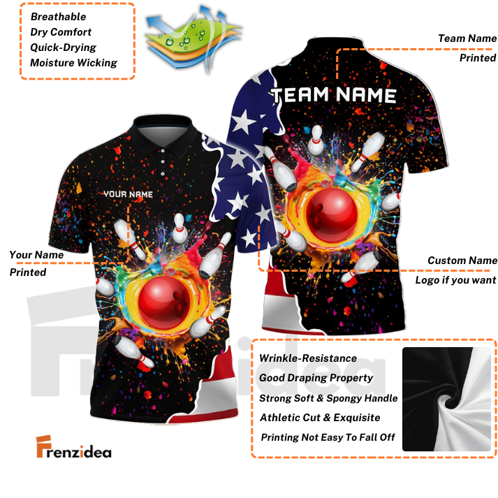 Frenzidea Bowling And Pins Colorful Paint Flag Personalized Name Team Name 3D Shirt