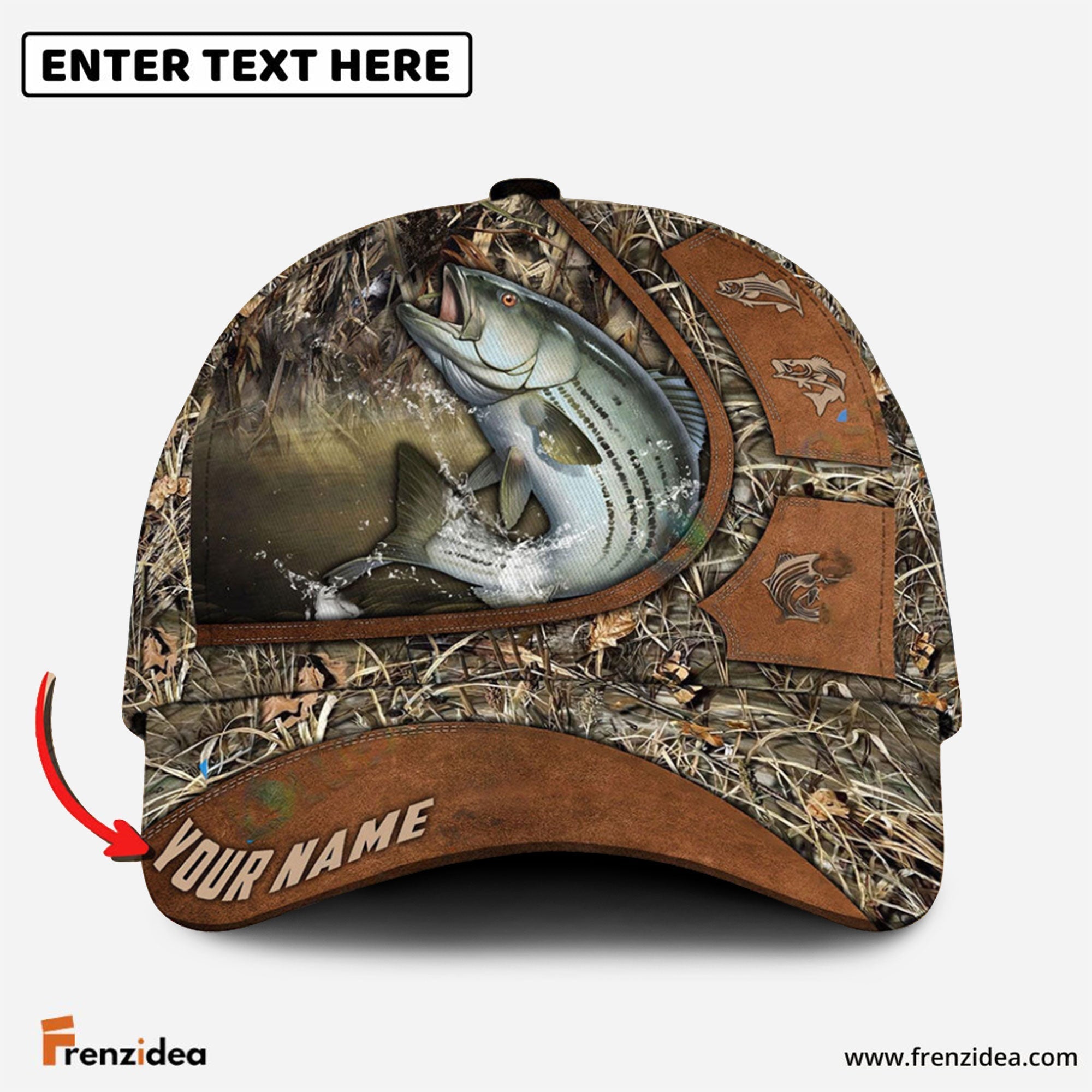 Frenzidea Personalized Striped Bass Fishing Nature Leather Pattern Classic Cap