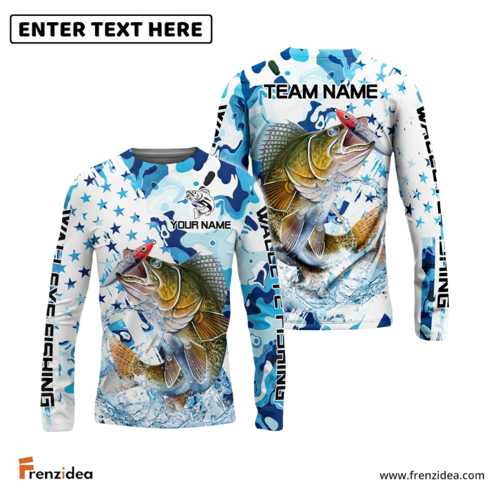 Frenzidea Walleye Fishing Blue White American Flag Custom Name & Team Name 3D Shirts