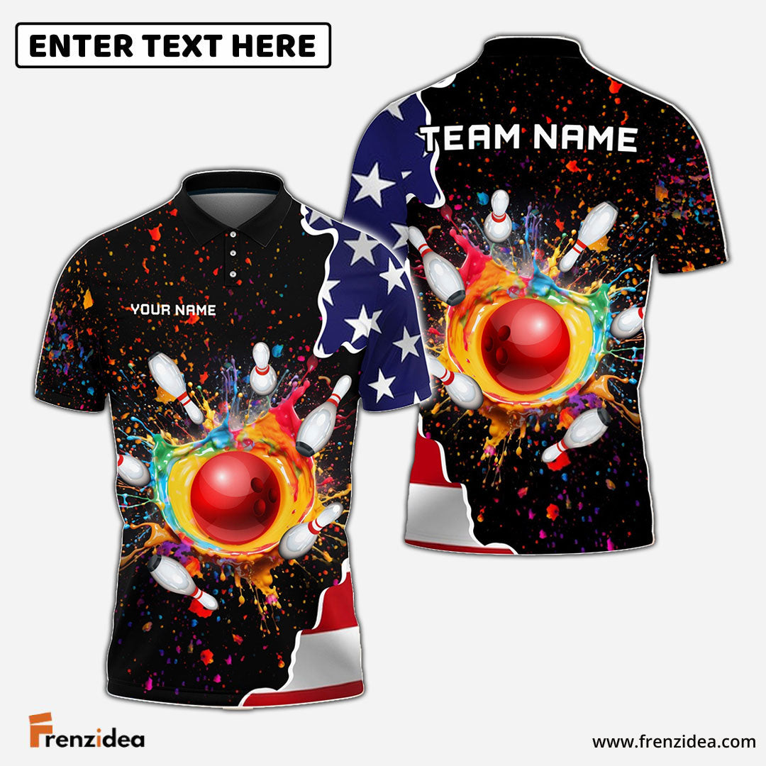 Frenzidea Bowling And Pins Colorful Paint Flag Personalized Name Team Name 3D Shirt