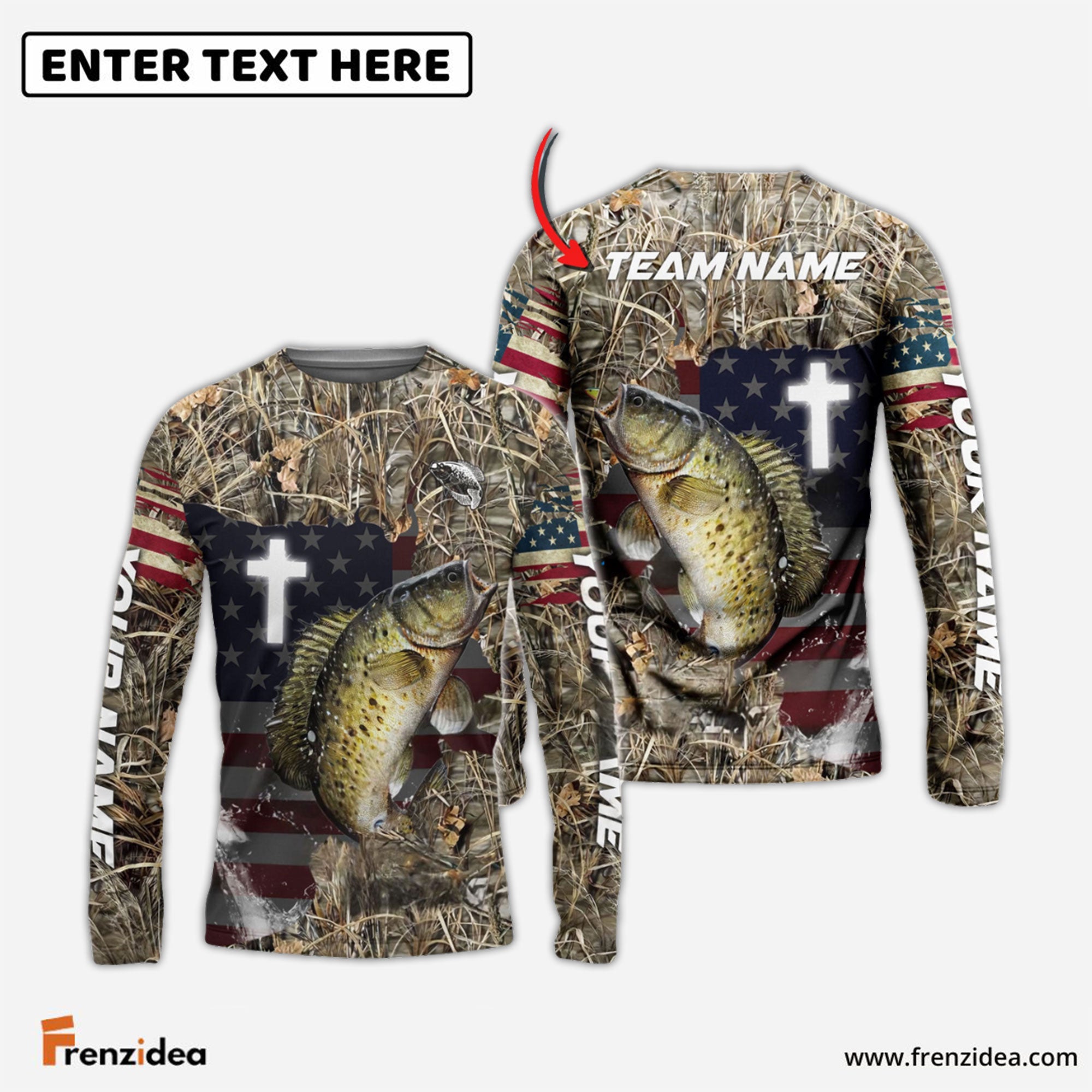 Frenzidea Crappie Fishing Cross Camo Custom Name & Team Name 3D Shirts