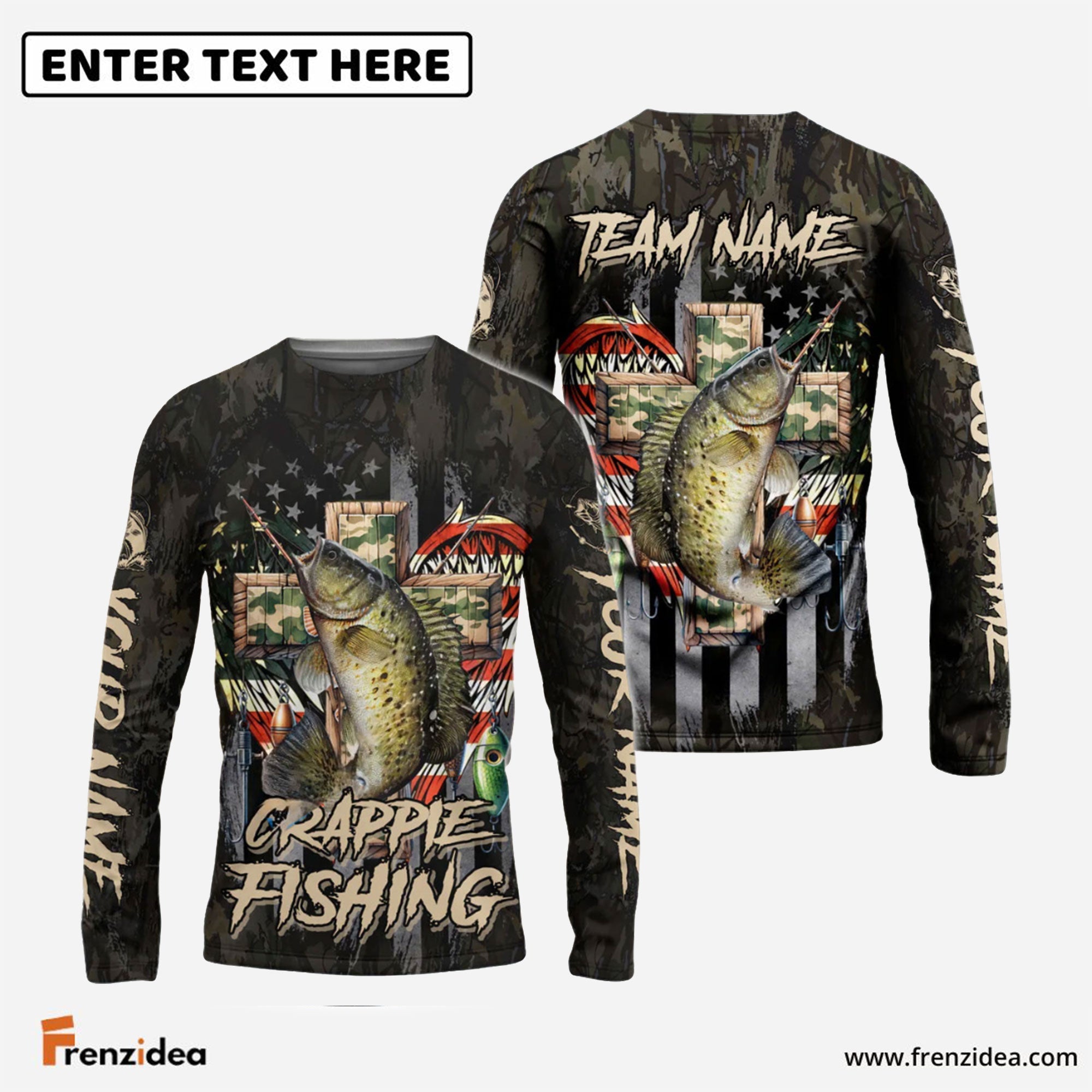 Frenzidea Crappie Fishing American Flag Camo Cross Gear Custom Name & Team Name 3D Shirts