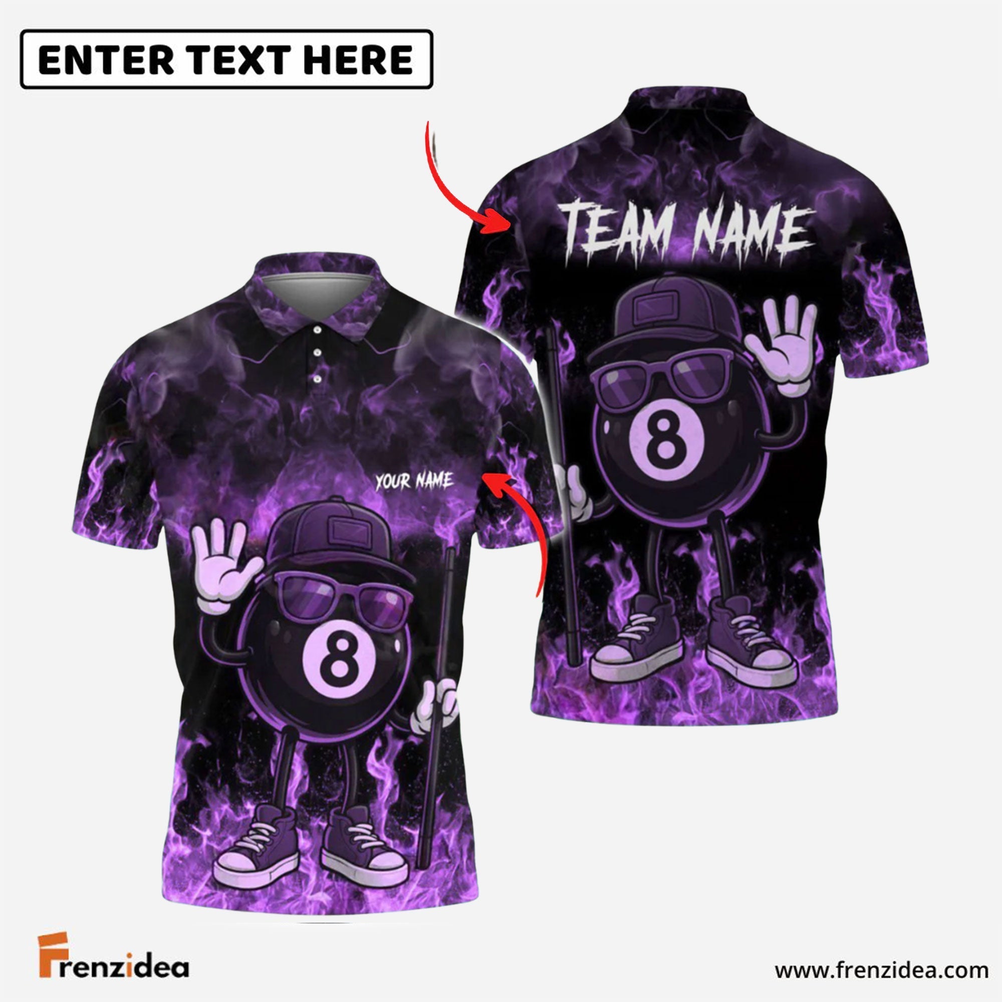 Frenzidea Billiards Ball 8 Cool Vibes Urban Style Flame Smoke Personalized Name & Team Name Shirt (4 Colors)
