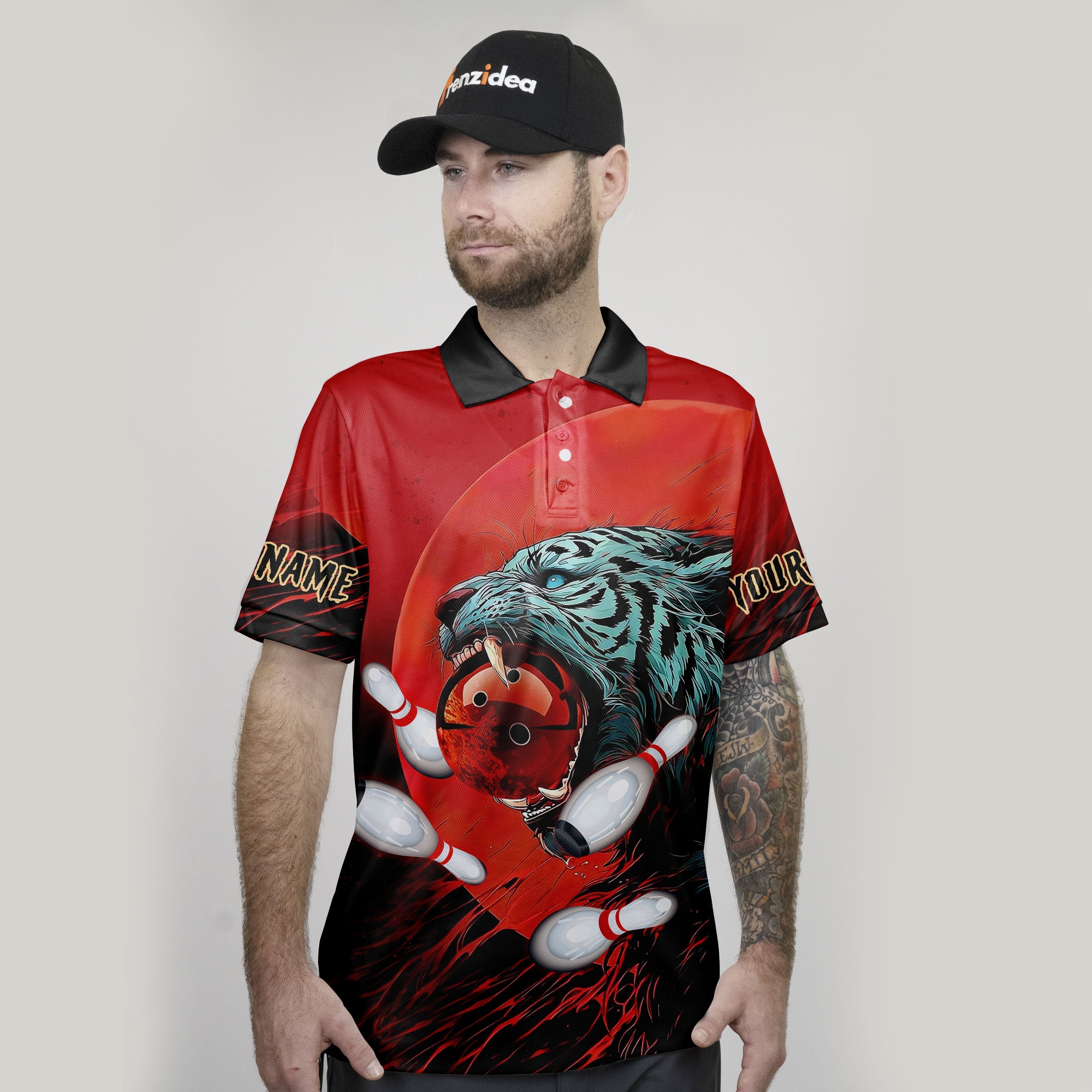 Frenzidea Tiger Bowling and Pins Personalized Name, Team Name 3D Shirt (4 Colors)