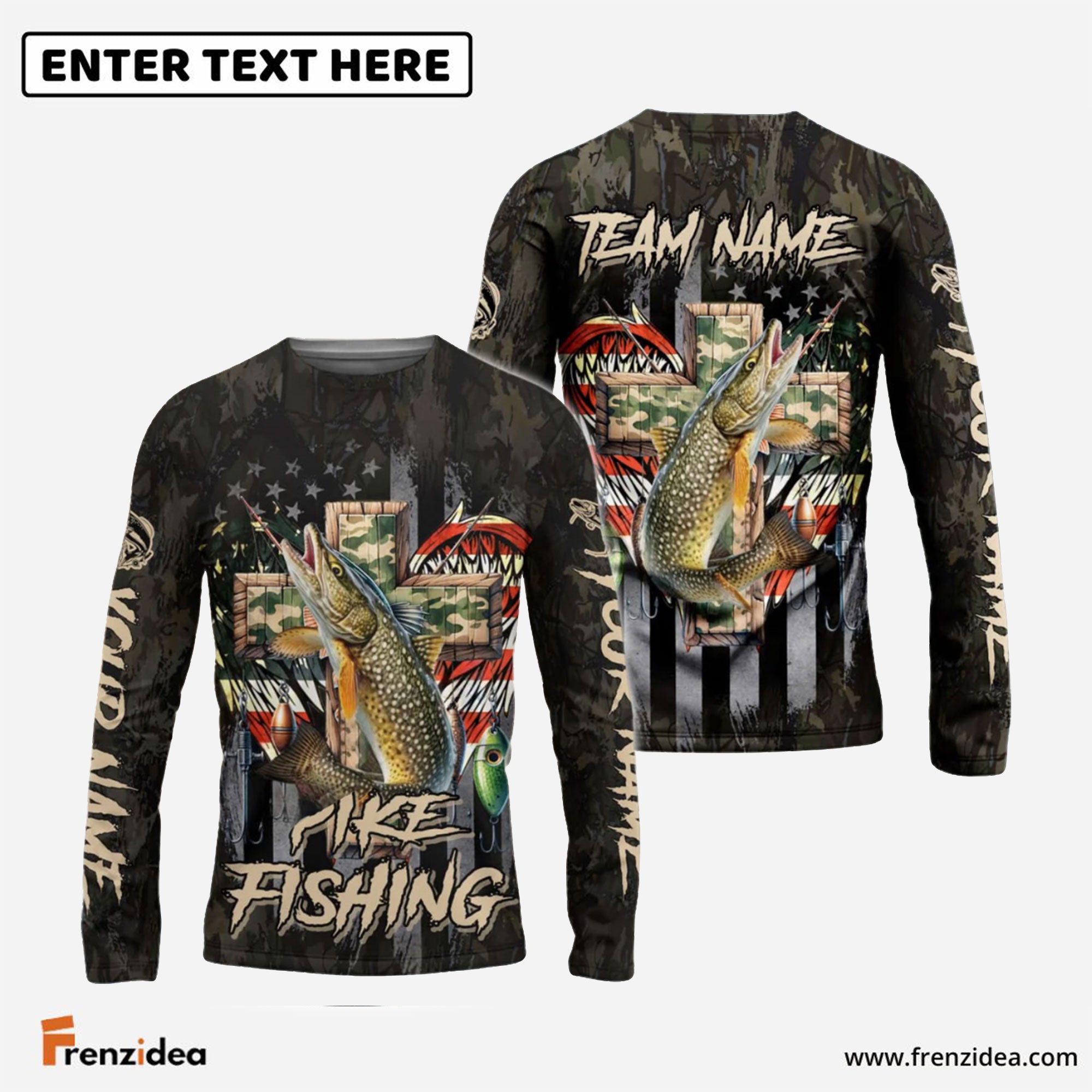 Frenzidea Pike Fishing American Flag Camo Cross Gear Custom Name & Team Name 3D Shirts