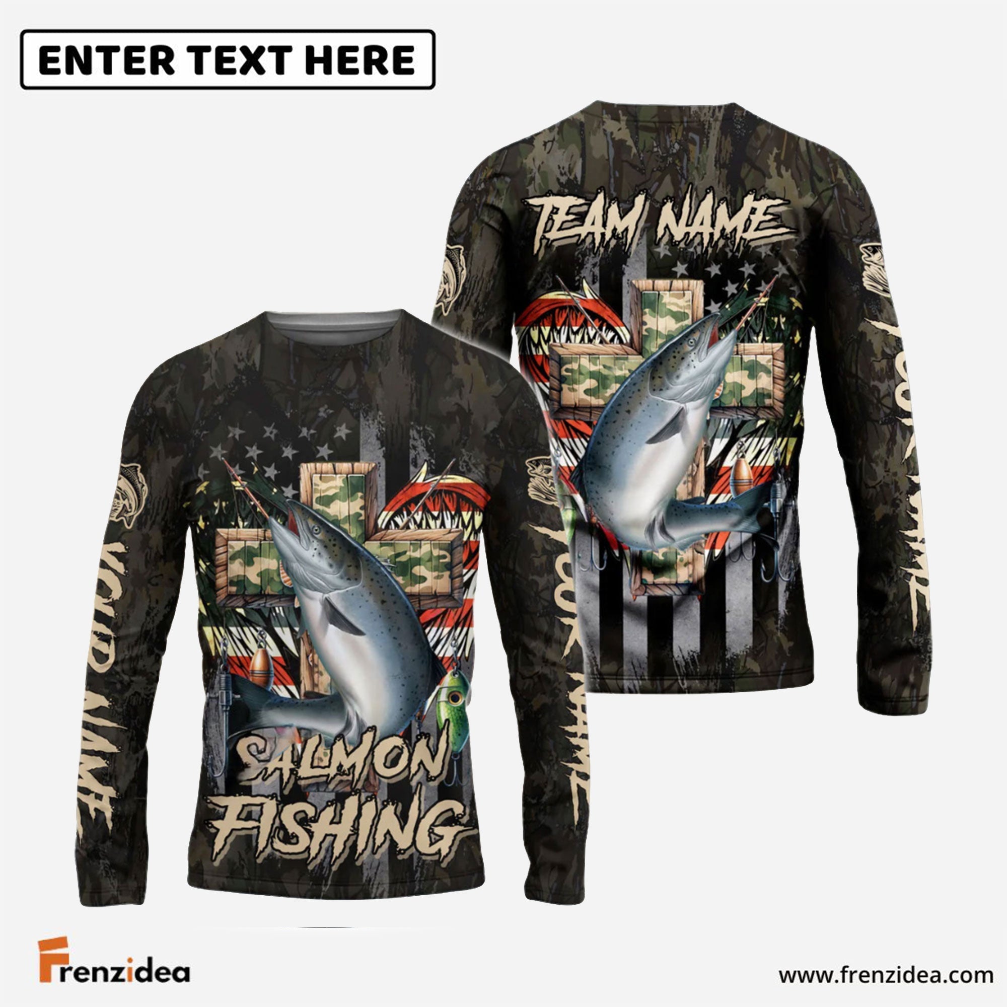 Frenzidea Salmon Fishing American Flag Camo Cross Gear Custom Name & Team Name 3D Shirts
