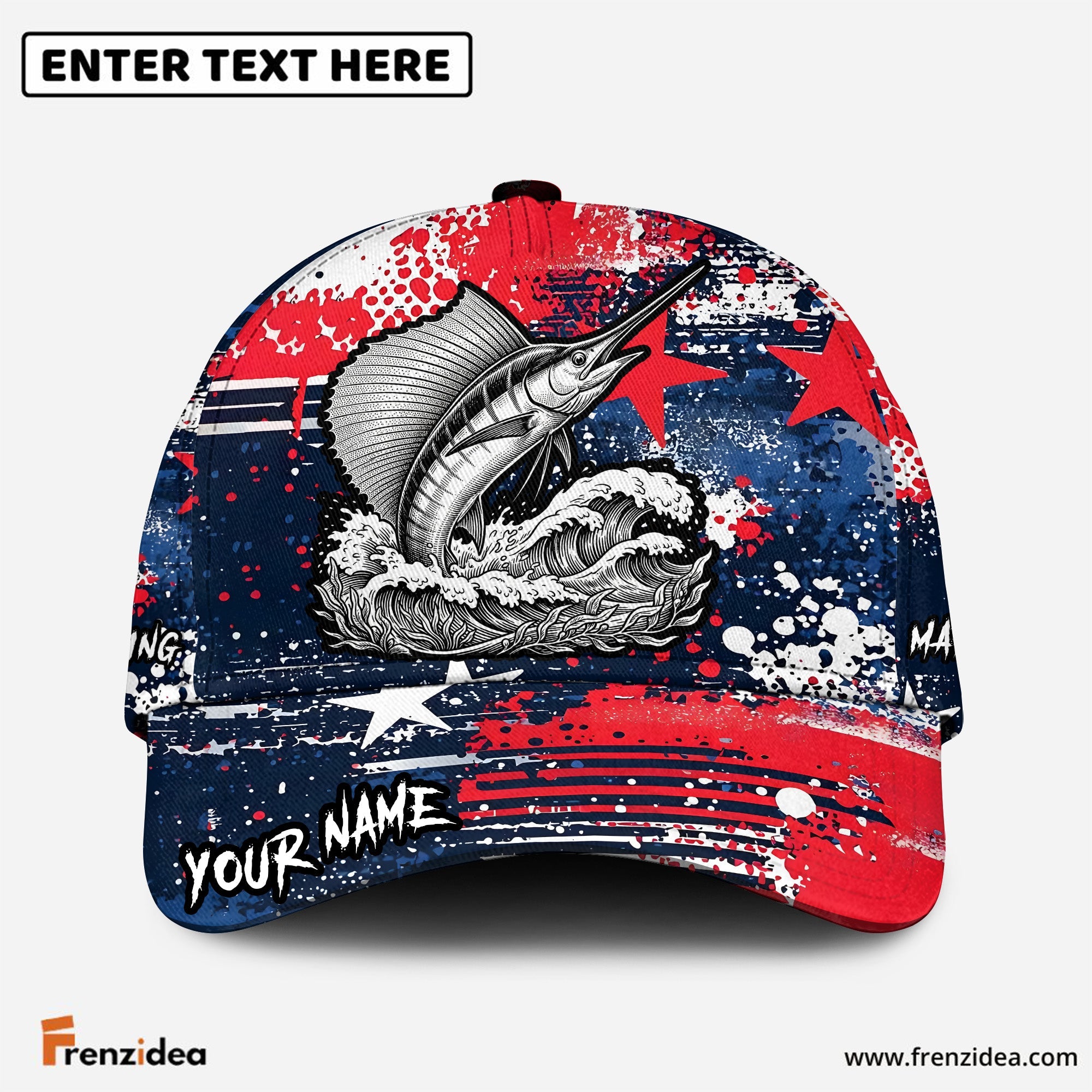 (10 Breeds) Frenzidea Patriotic USA Flag Fishing Customized Name 3D Cap