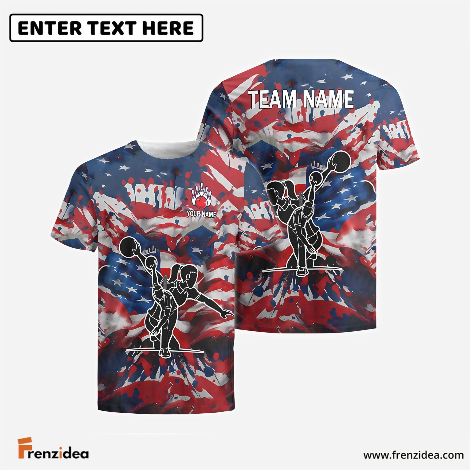 Frenzidea Bowling And Pins America Flag Paint Style Customized Name, Team Name 3D Shirt