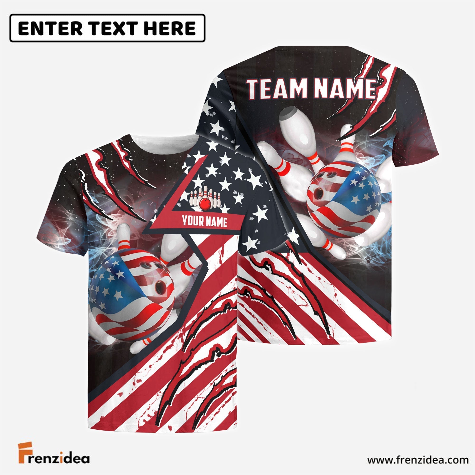 Frenzidea Bowling American Flag Patriot Customized Name, Team Name 3D Shirt