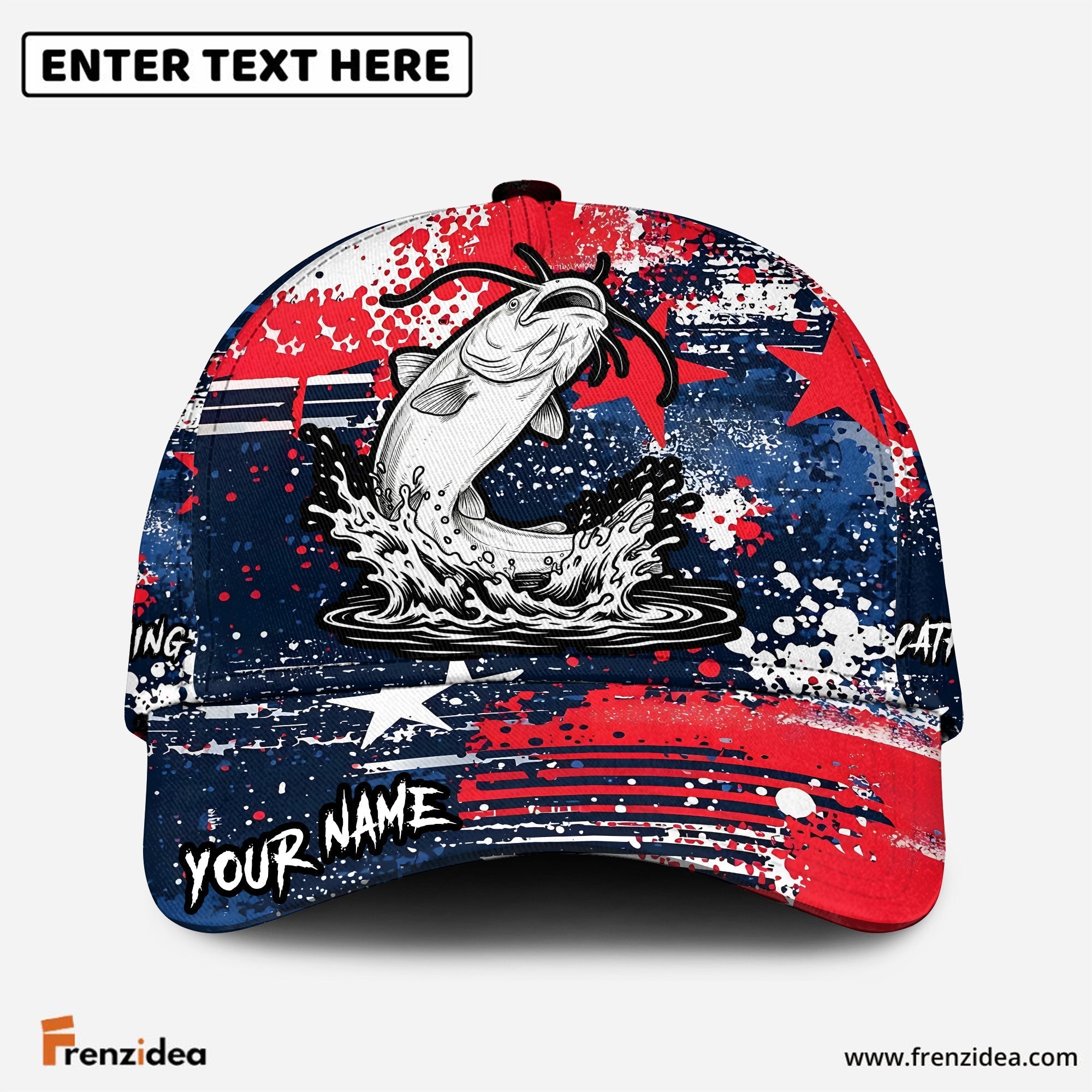 (12 Breeds) Frenzidea Fishing Patriotic Grunge Splatter Customized Name 3D Cap