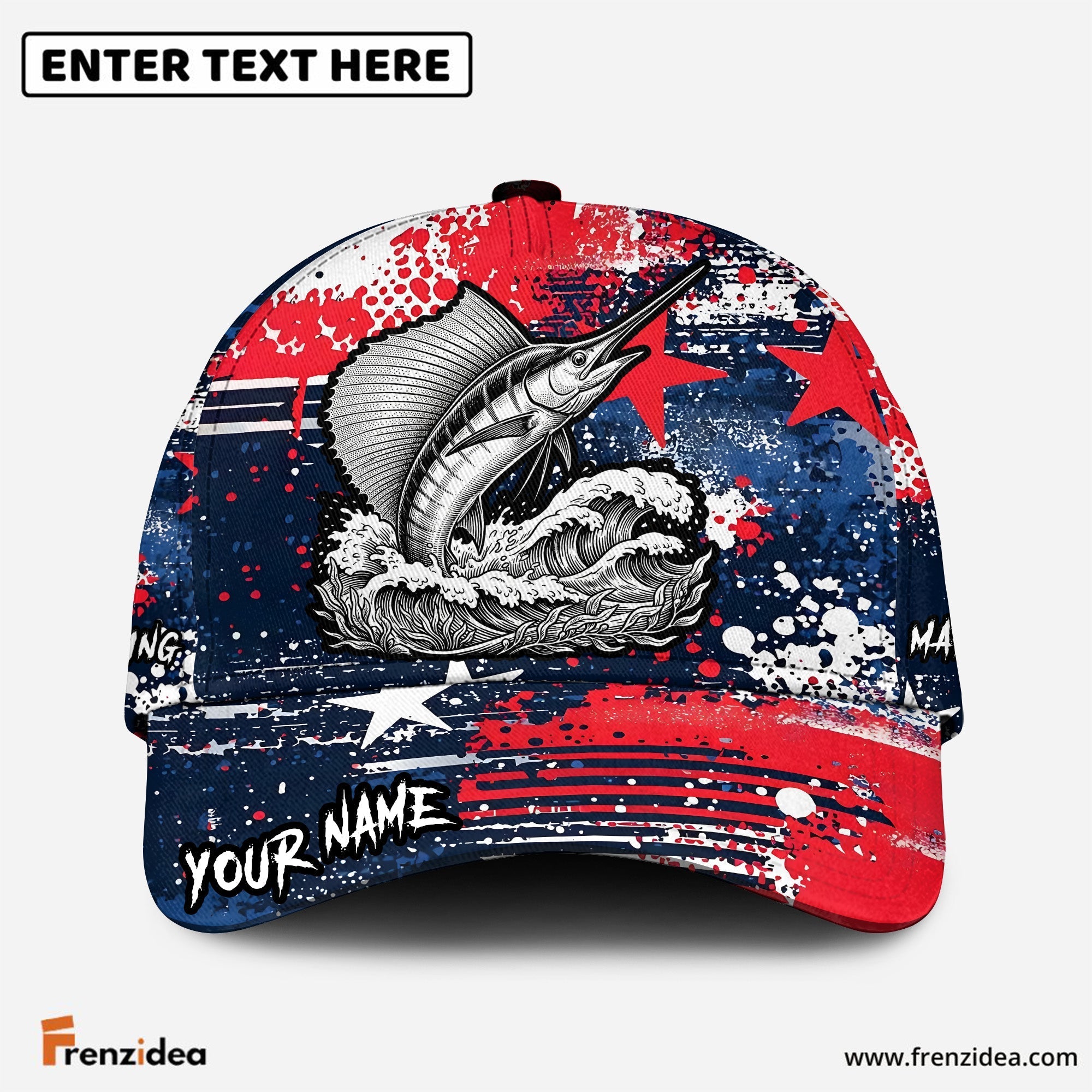 (12 Breeds) Frenzidea Fishing Patriotic Grunge Splatter Customized Name 3D Cap